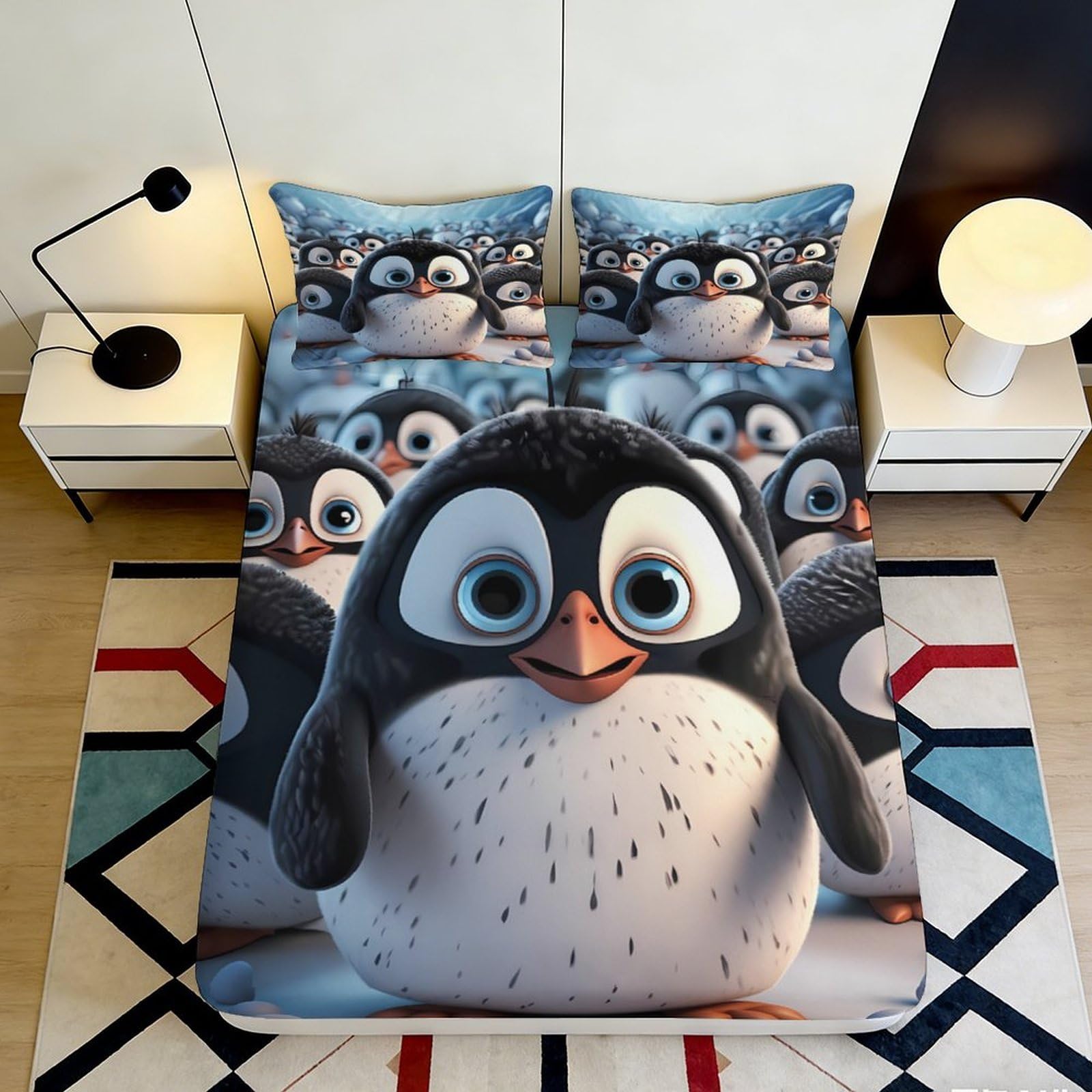 3D Printed Cute Penguin Fitted Sheet Microfiber Soft Breathable Cartoon Bed Cover for Bedroom Dormitory Guest Room Mattress Protection Decor 120x200x25cm