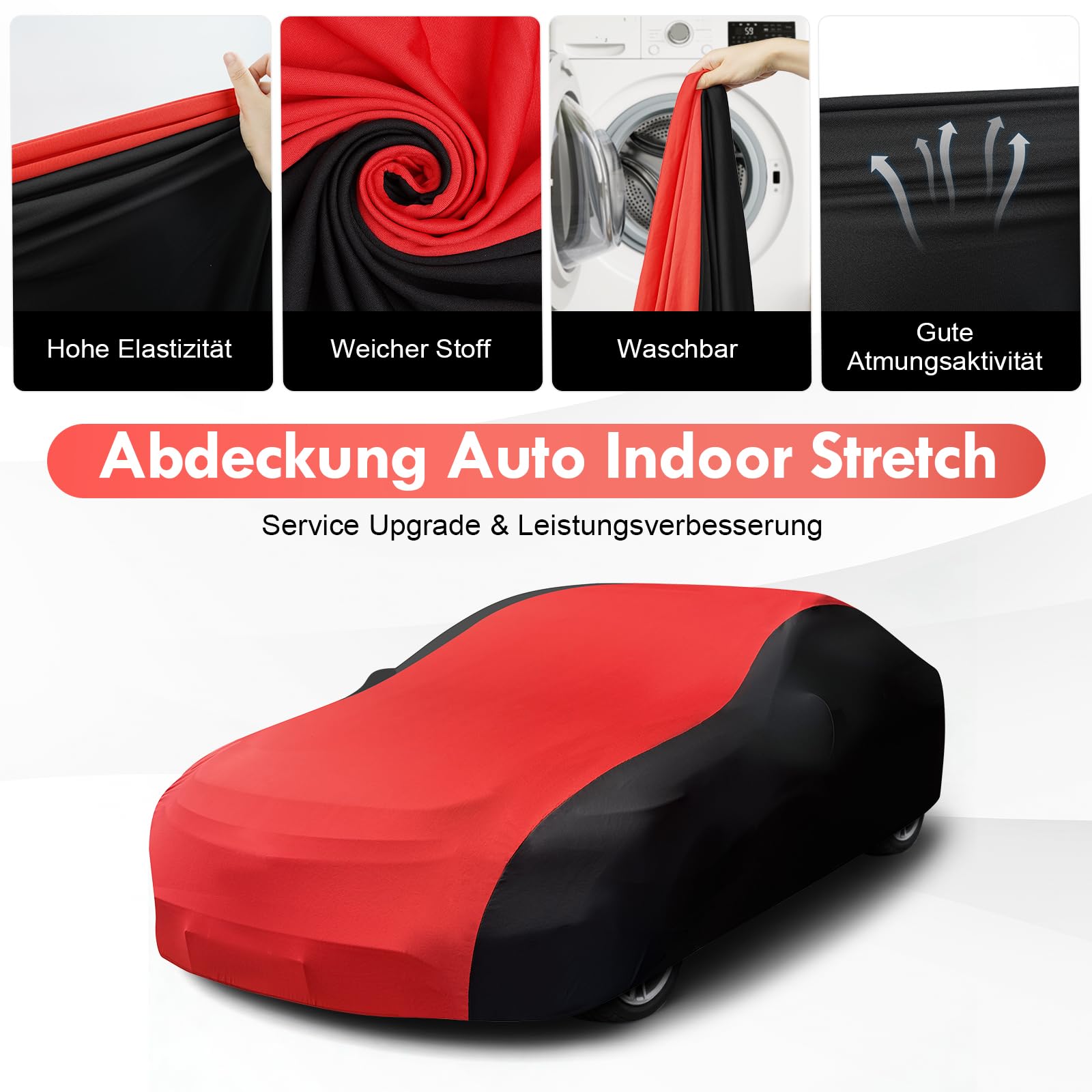 Autoabdeckung Indoor, Staubdichte Stretch, Rot & Schwarz - XL | Weich & Luftdurchlässig, für Limousine, Sportwagen, SUV, Abdeckplane Auto Indoor Winter Universal Autogarage
