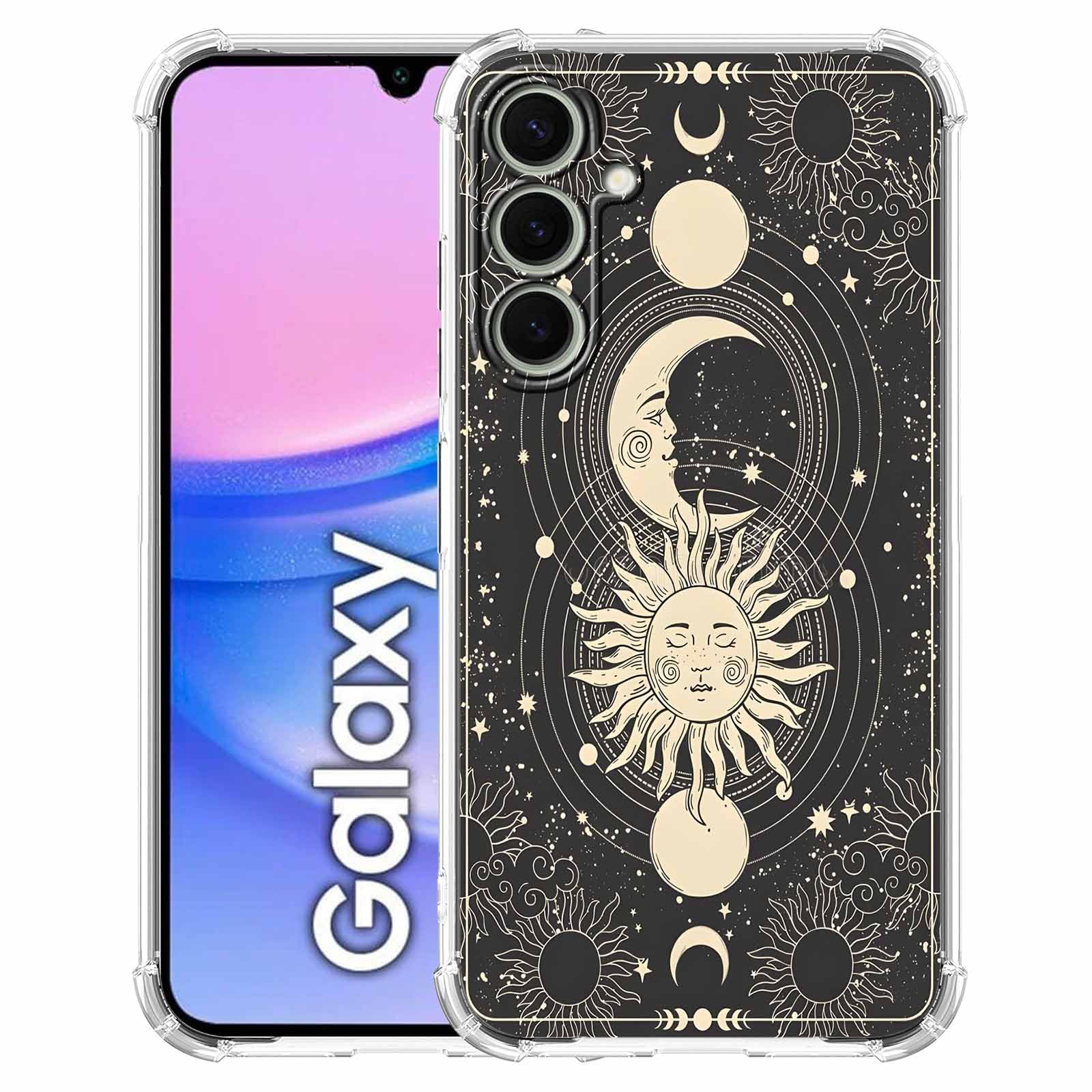 AOSSXIN Black Celestial Sun Moon and Star Case for Samsung Galaxy A15,Magic Boho Illustration Pattern,Trendy Soft TPU Bumper Case for Galaxy A15