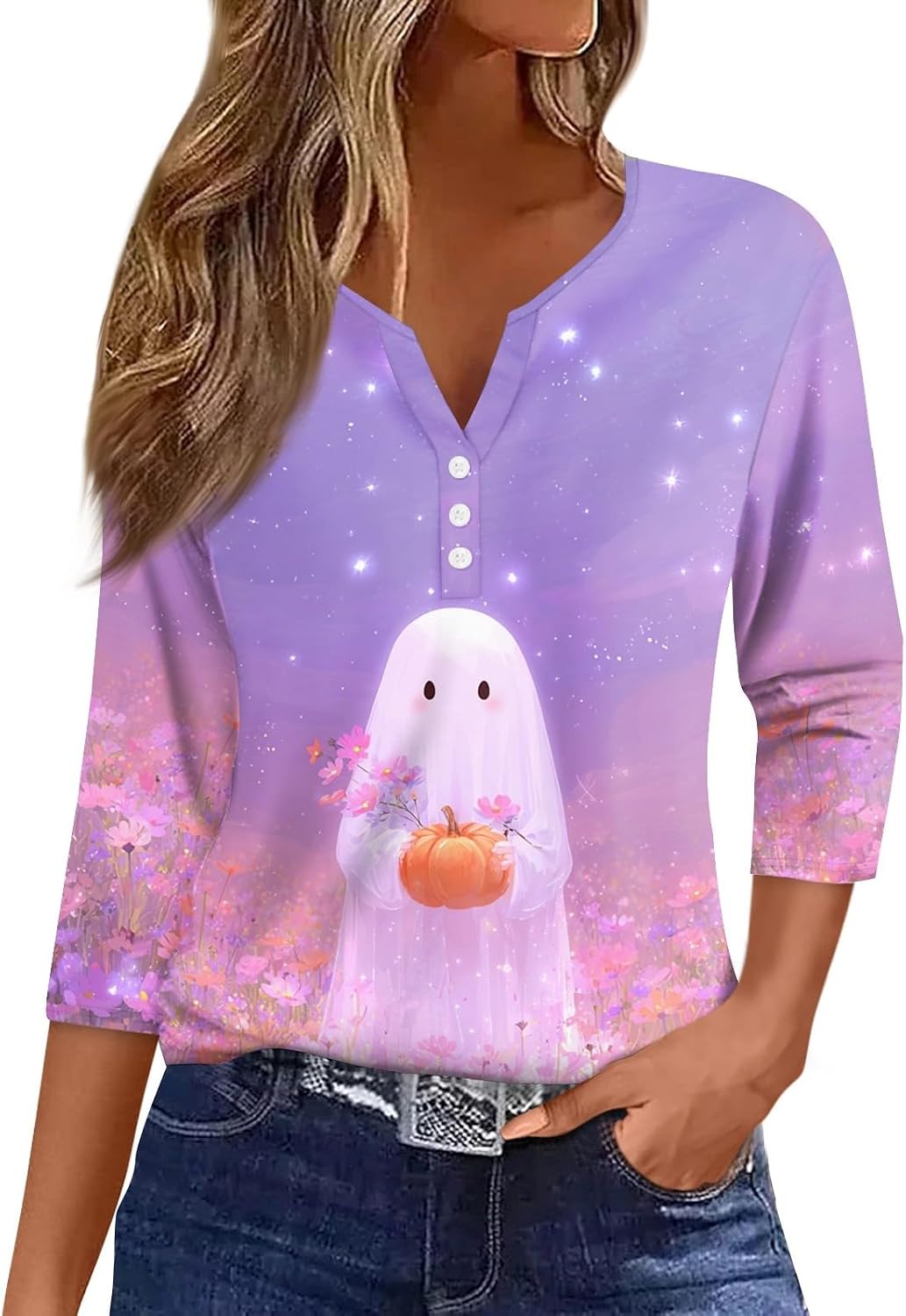 Women's Button V Neck 3/4 Sleeve T-Shirts Halloween Graphic Tops | Fall Cute Tops for Women, Relaxed Fit T Shirts, Basic Tees, Womens Halloween Clothes