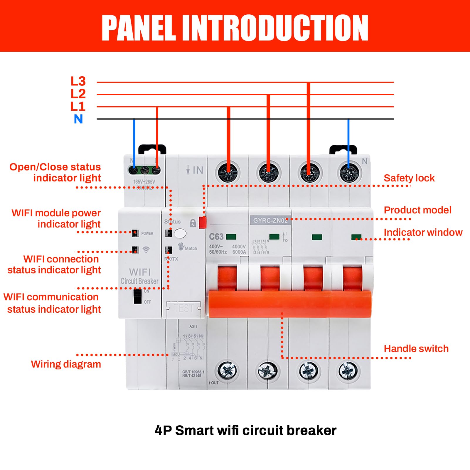 Jadeshay Disyuntor Inteligente WiFi,4P 63A Interruptor Inteligente Rearme Automatico Interruptor Magnetotermico con Protección contra Sobretensión Sobrecarga,WiFi Control Remoto via Tuya o Smart Life