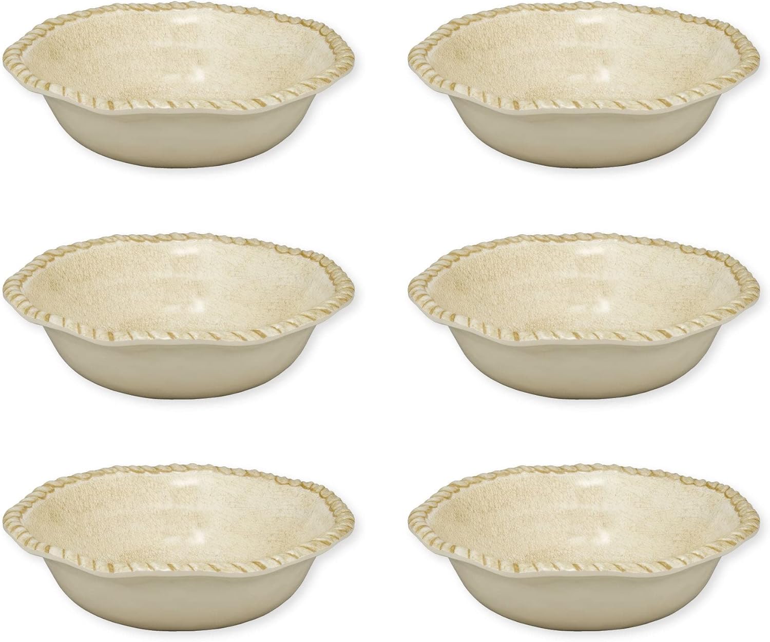 UPware Rope Melamine Bowl Set, Round Bowls with Rope Edge for Pasta, Rice, Soup, and Salad, BPA-Free, Dishwasher Safe, Shatter-Proof, Sand, 8 Inch, Set of 6
