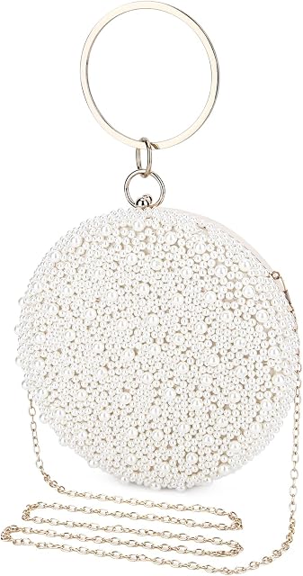 UBORSE Evening Clutch Bag for Women Pearl Wedding Party Bridal Handbag Vintage Beaded Round Shape Purse Ladies Prom Bag
