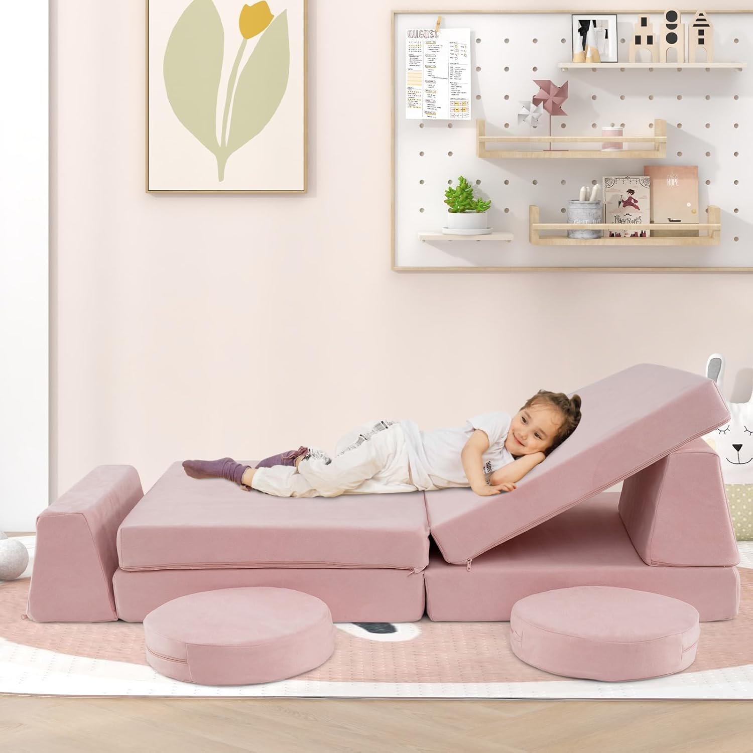 INFANS Modular Kids Play Couch, Toddler Sectional Fort Building Sofa for Playroom, Bedroom, Convertible Soft Foam Furniture Playset and Floor Cushion for Boys and Girls (Pink)