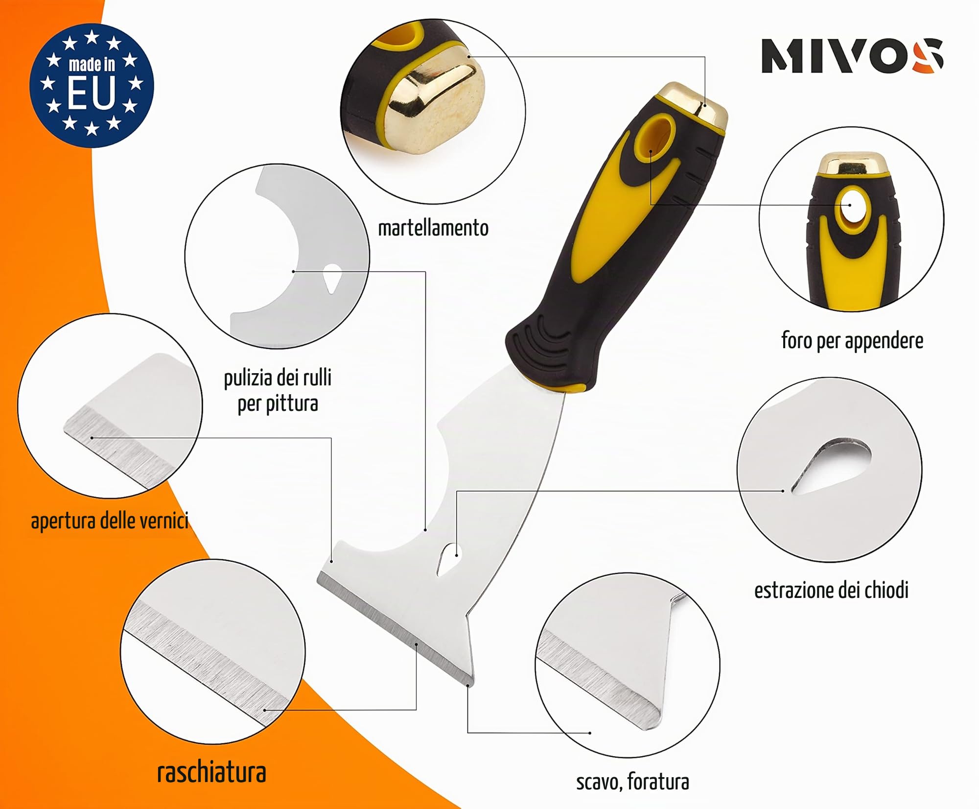 Mivos Spatola multifunzione in acciaio inox con lama da 75 mm/raschietto multifunzione con piastra battente/raschietto con manico antiscivolo/Made in EU