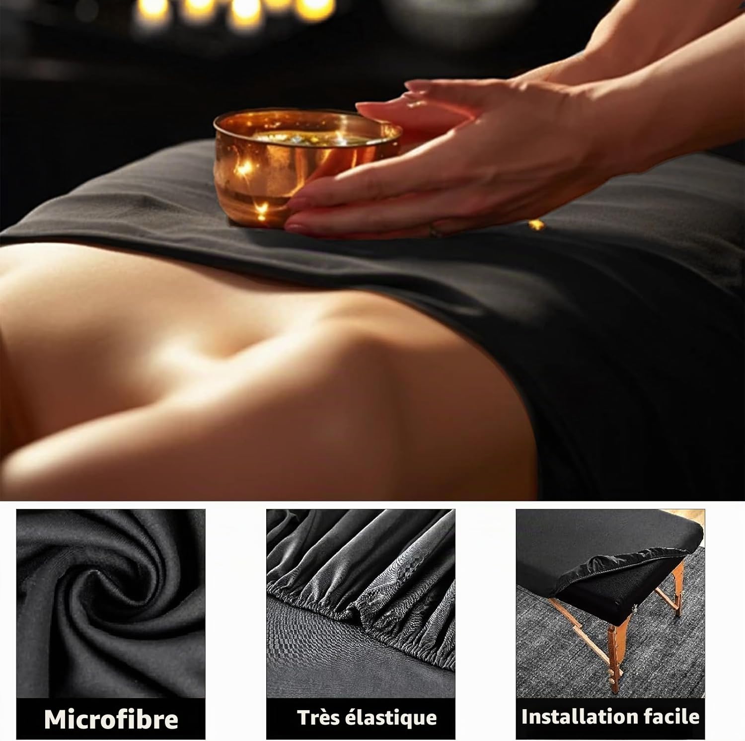 Parure de lit 6 pièces en microfibre de qualité supérieure pour tables de massage, avec drap, drap-housse et drap-housse pour table de massage, pour salon de beauté, spa (noir)