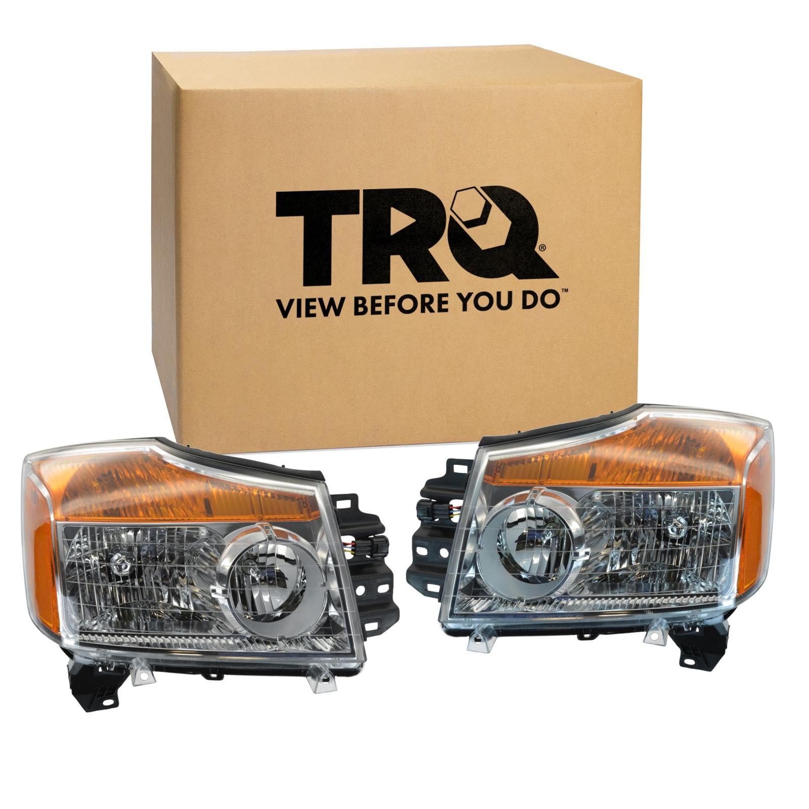 TRQ Driver and Passenger Side Headlight Assembly Set Chrome Housing Compatible with 2008–2015 Nissan Titan