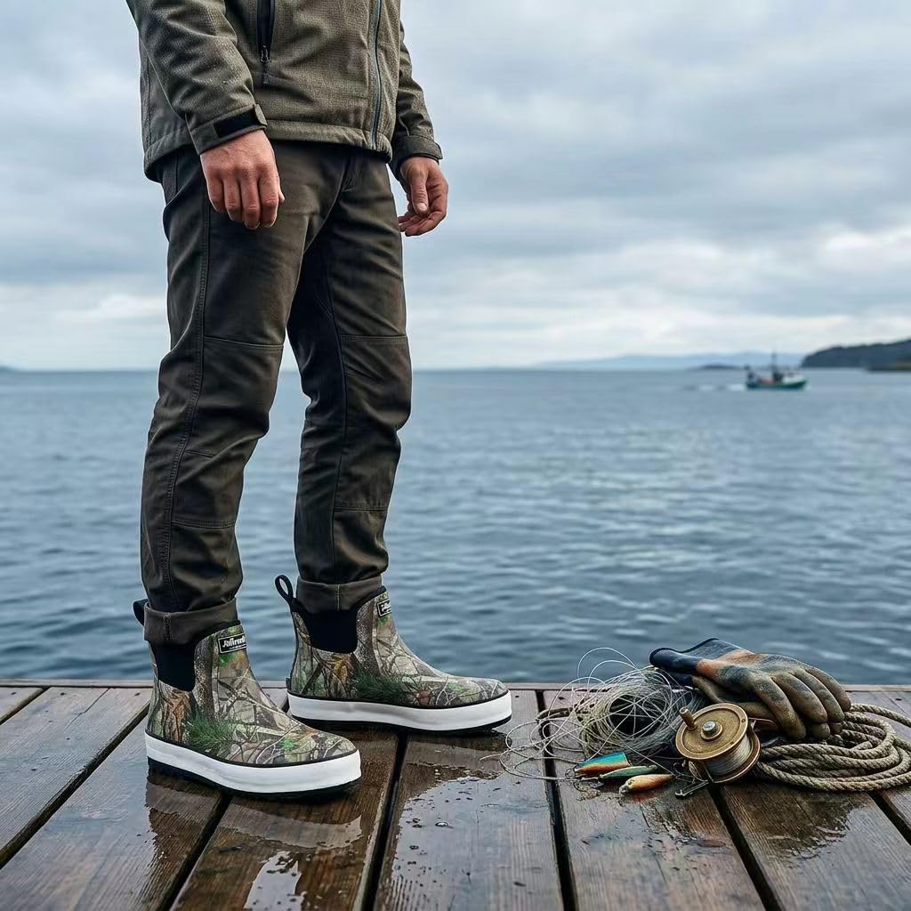 Men's Deck Boots, Waterproof Fishing Boots, Slip On Neoprene Rubber Boots for Men Ankle Rain Boots for Boating, Sailing, Hunting