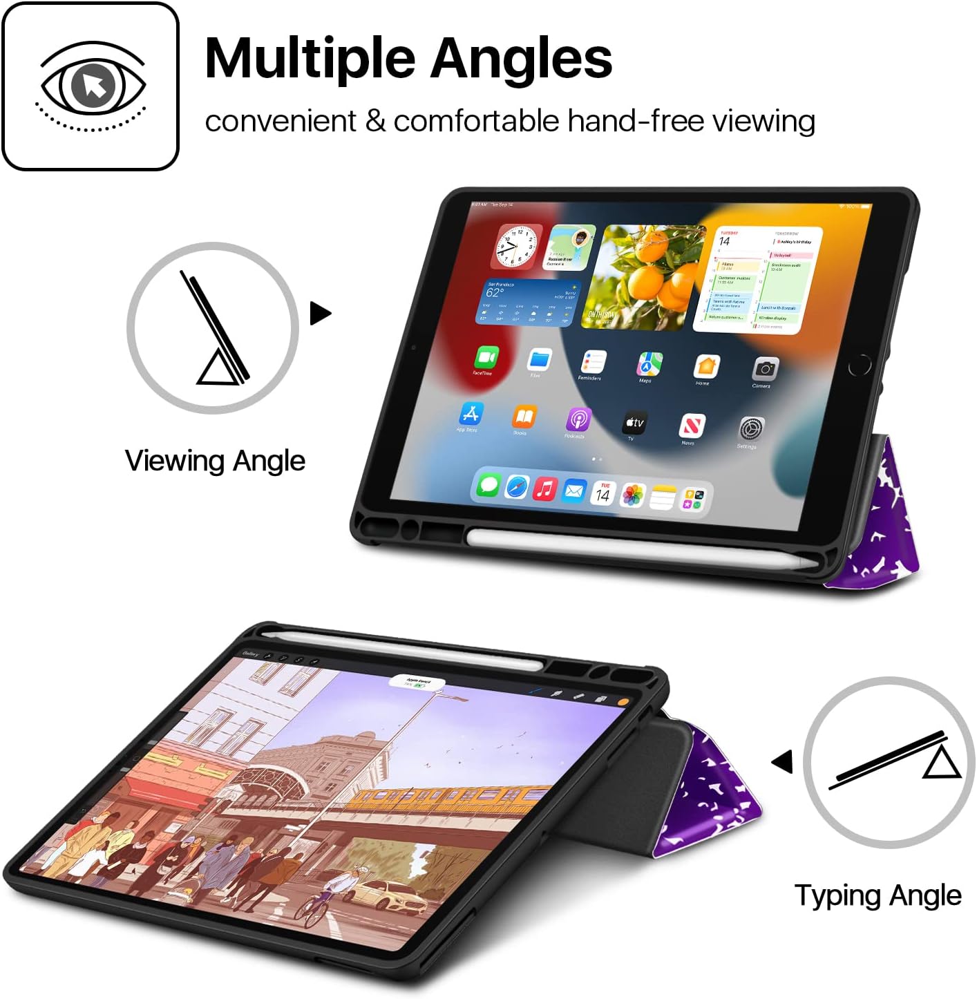 TNP Case for iPad 9th Gen 2021/iPad 8th 2020/iPad 7th 2019 Generation Protective Cover with Pencil Holder - 10.2 inch Slim Soft TPU Trifold Stand PU Leather Folio - Composition Book Purple - Image 3