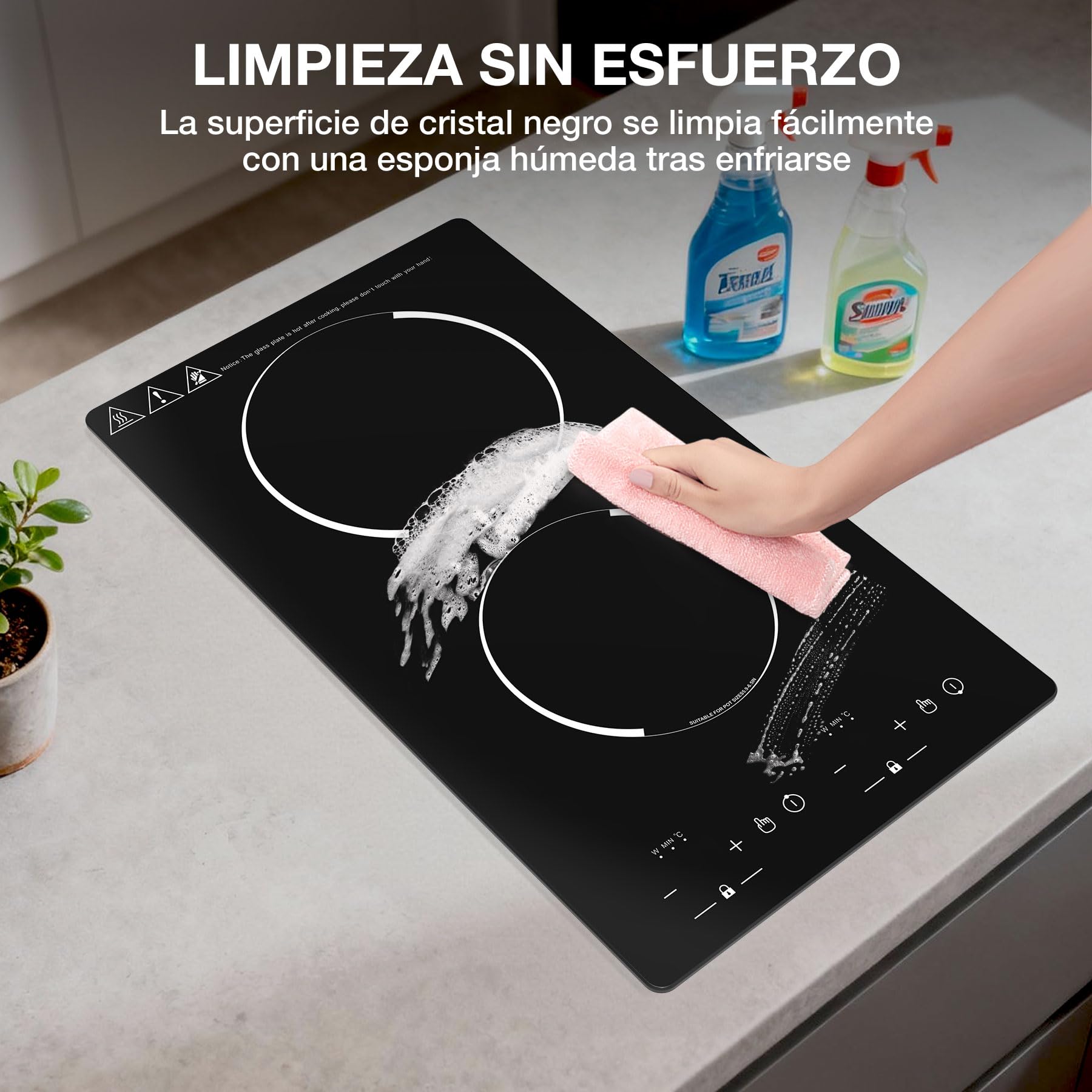 Placa de Inducción 2 Fuegos 3000W, Placa de Cocción Eléctrica 220-240V 51cm con 9 Niveles de Potencia y Temperatura, Temporizador & Indicador de Calor Residual - Encastrable o de Sobremesa