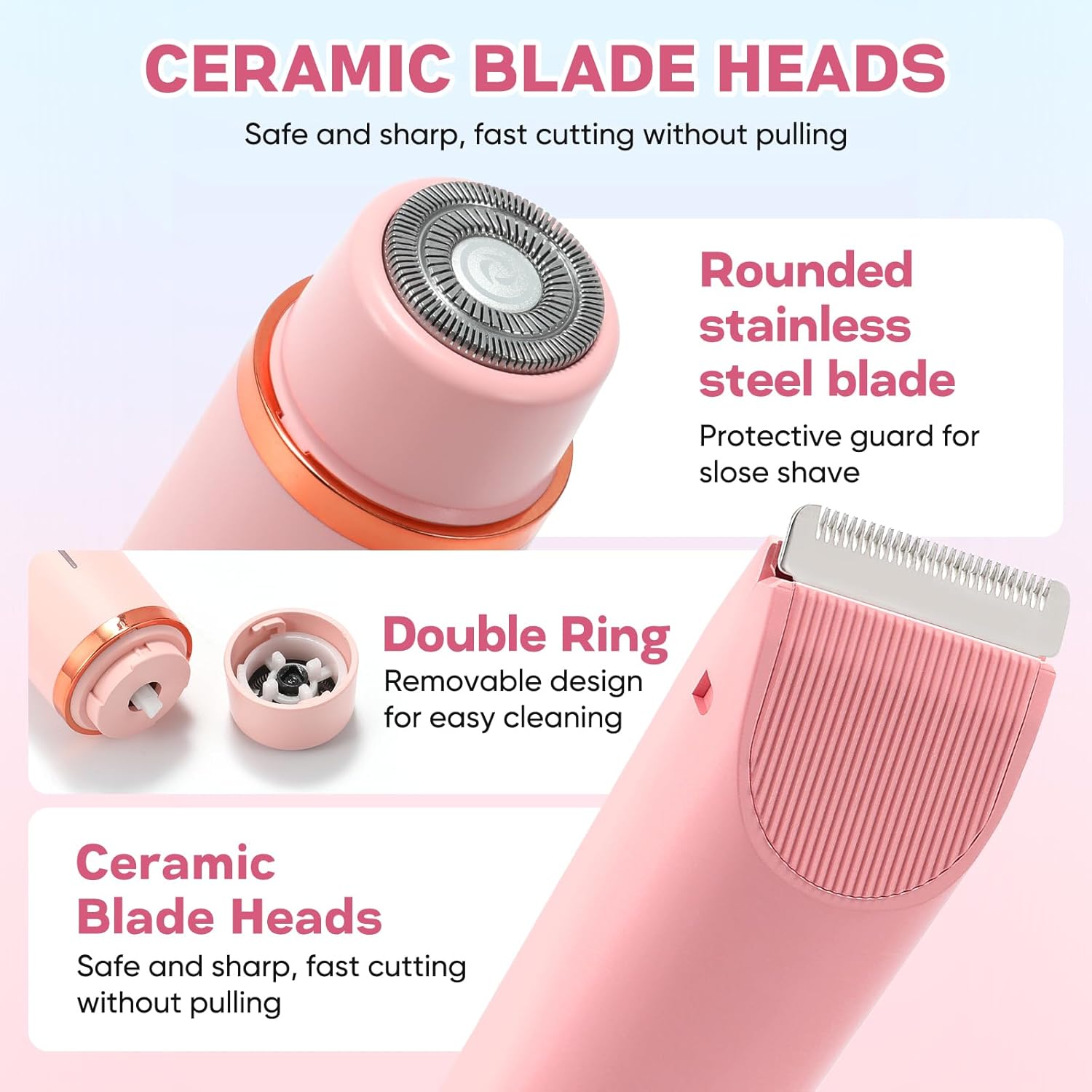 2 in 1 Women Electric Shaver Dual Head Bikini Trimmer for Women IPX7 Waterproof Wet & Dry Use Body Hair Trimmer and Facial Hair Remover for Bikini Underarm Leg Arm Body Face - Image 3