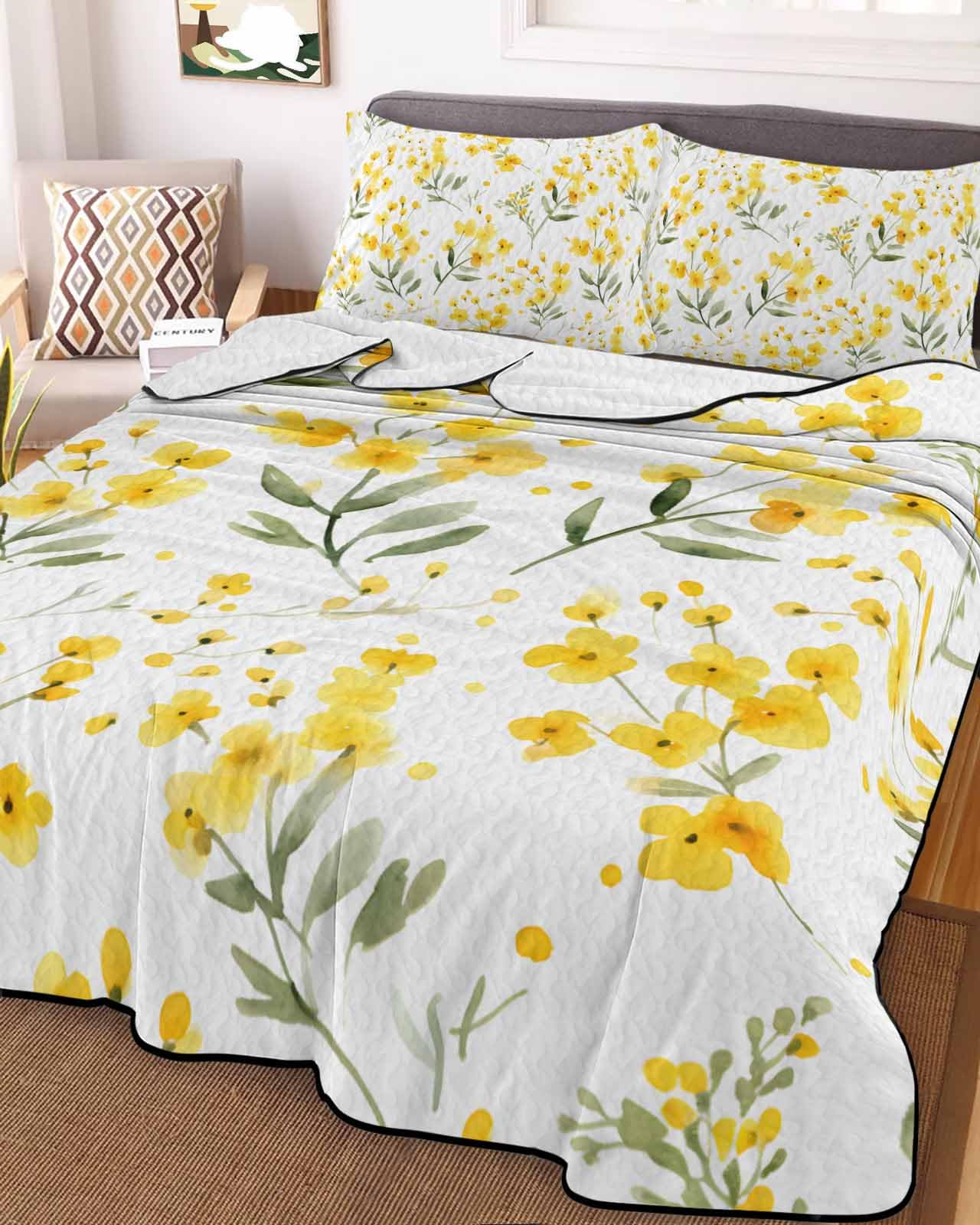 3-Piece Summer Quilt King Size, Yellow Flowers Spring Lightweight Cooling Bedding Comforter Blanket with 2 Pillow Shams, Elegant Farmhouse Botanical Bedspreads Quilted Coverlet Sets 96