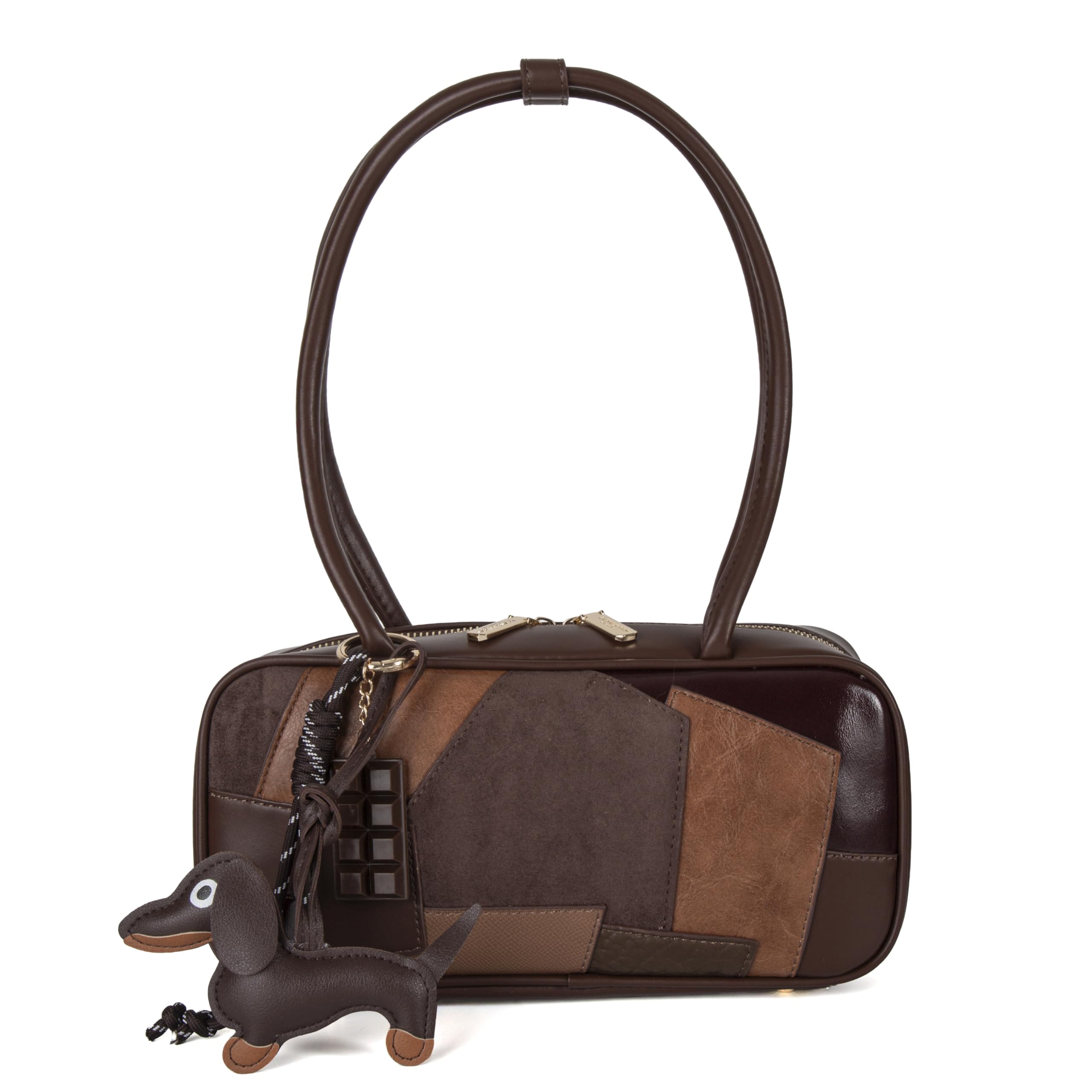 Woodland Leathers Borsa a mano da donna, borsa a tracolla in ecopelle patchwork per donne, elegante mix di pelle scamosciata e morbida toppa lavorata su borsa baguette firmata