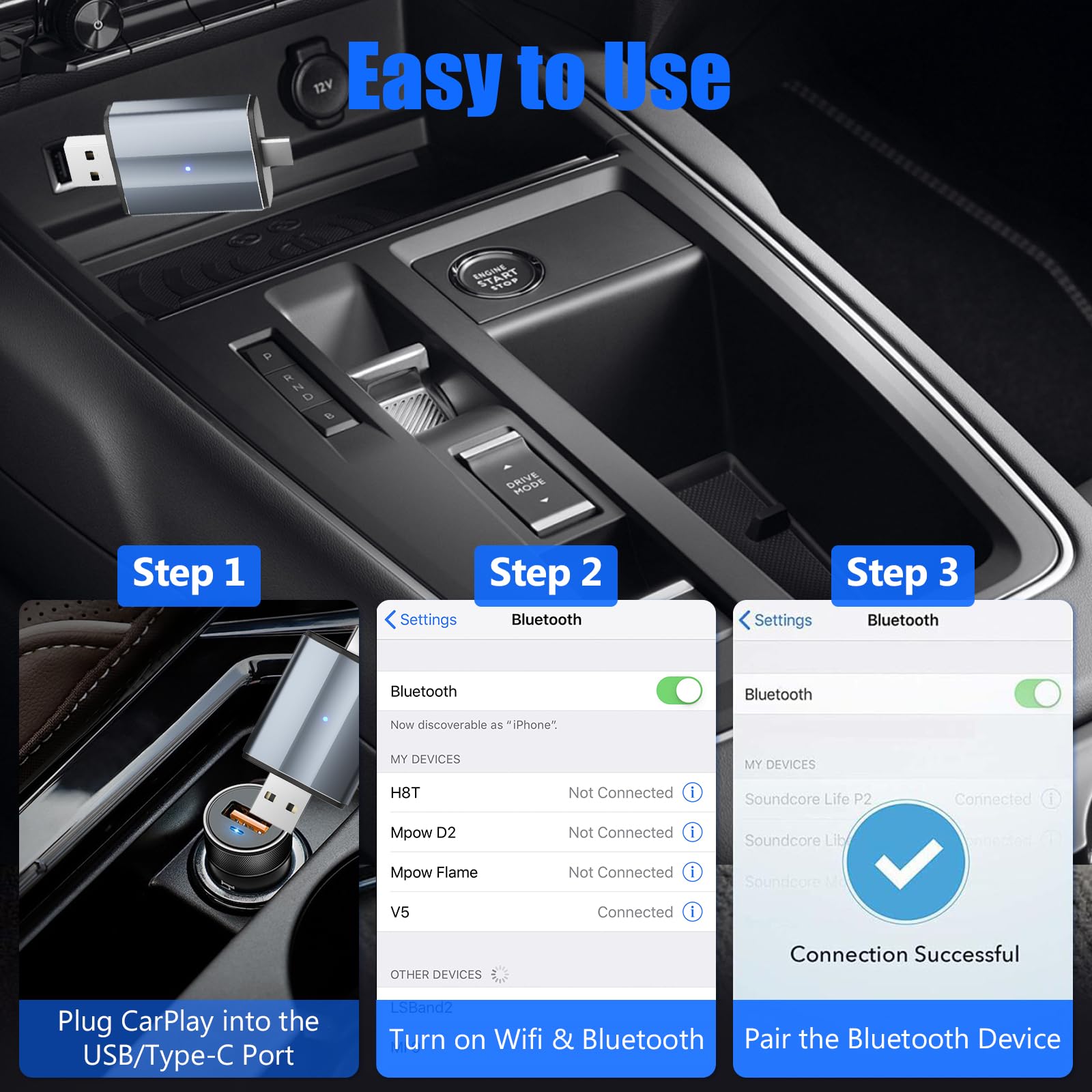 Romon Bezprzewodowy adapter Carplay 2025 Android Car Mini Edition bezprzewodowa do iPhone'a [Type-C i USB, Plug&Play] kompatybilny z pojazdami od 2016 roku, bezprzewodowy adapter 2-w-1, 5 GHz WiFi,
