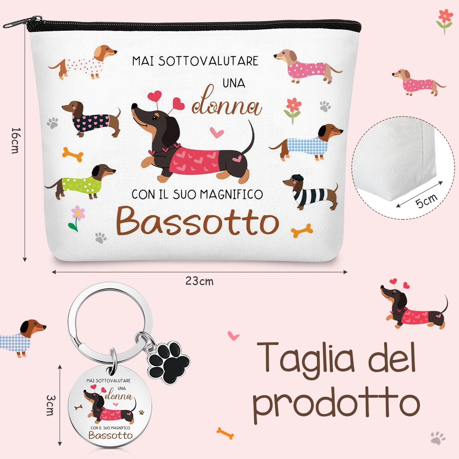 Xuniea Set Regalo Bassotto per Donna Borsa per Cosmetici con Cerniera di Bassotto Multifunzionale Grande Capacità Portachiavi Ideale per Viaggio Compleanno Natale Amica Fidanzata