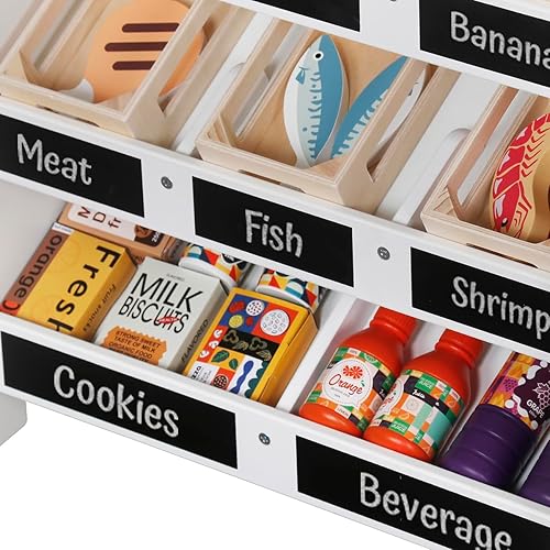 Miniatura 8 de Juego de tienda de comestibles para niños, tienda de juegos de simulación y carrito de compras de supermercado de madera con caja registradora de