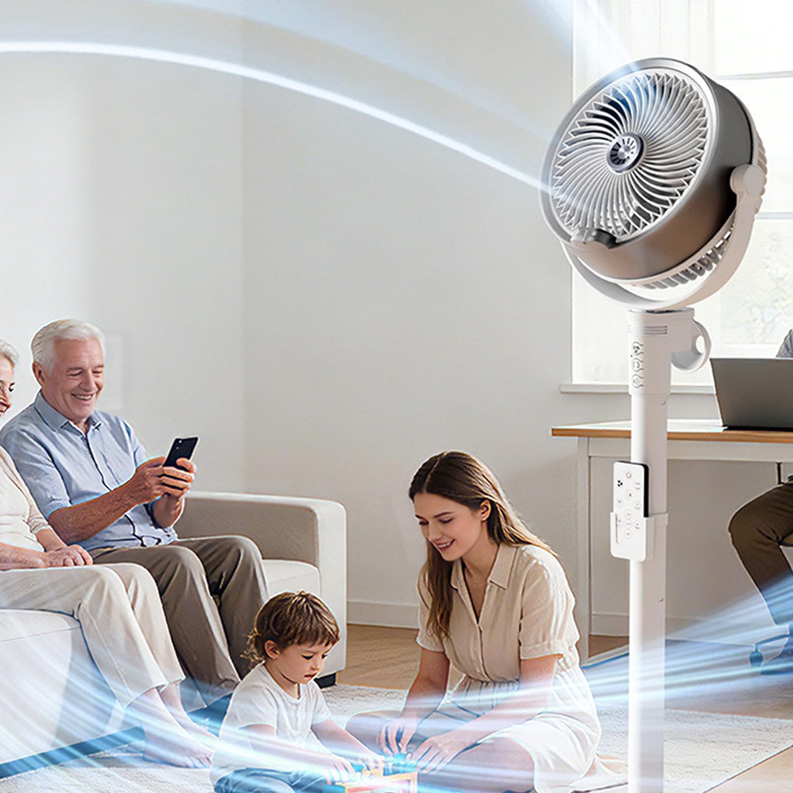 Ventilatore a Piantana Oscillante con Telecomando, Ventilatore da Pavimento Portatile USB Ricaricabile 4 velocità Altezza Regolabile Timer 3-9 Ore Oscillazione 90 120 150 Gradi (WHITE)