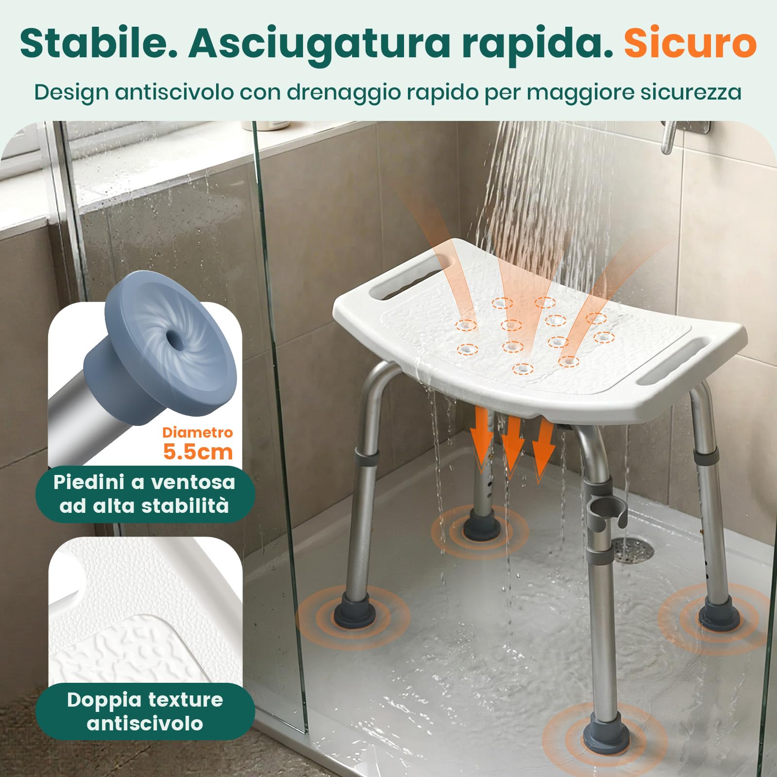 LC02 Sgabello Doccia per Anziani, Sedia Doccia Antiscivolo Regolabile in Altezza fino a 158 kg, Sedia per Doccia Leggera con Seduta Curva e Maniglie Integrate, per Disabili e Gravidanza