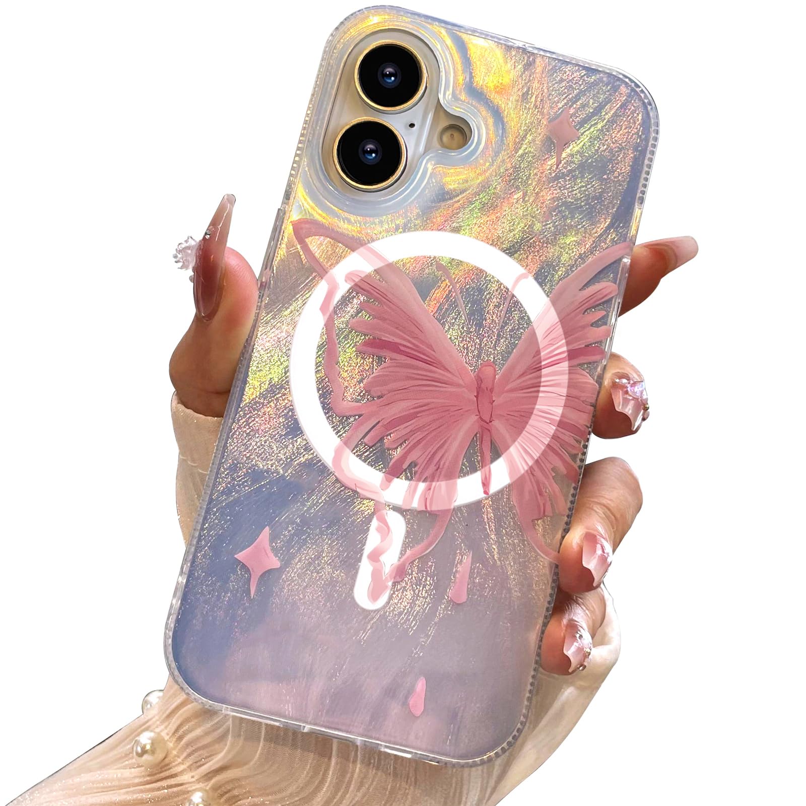 I-MGAE-IN-AR Compact Case for iPhone 16 Pale Pink Butterfly Design,[Compatible with Magsafe] Cute Soft Slim Shockproof Protective Phone Cases Women