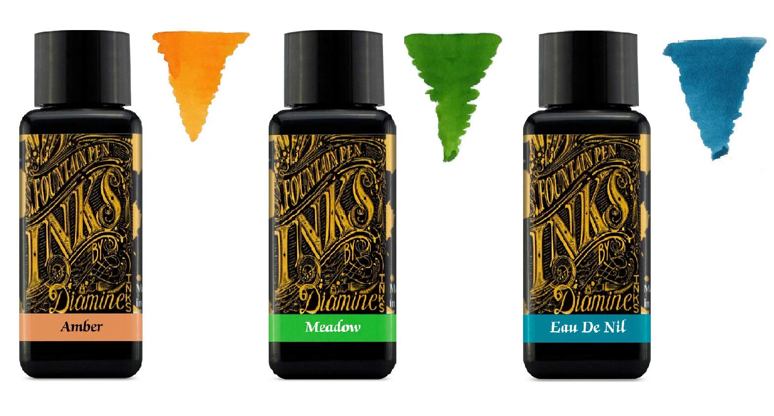 Diamine Encre Pour Stylo Plume 30ml - 3 x Bouteilles - Amber, Meadow Green, Eau de Nil