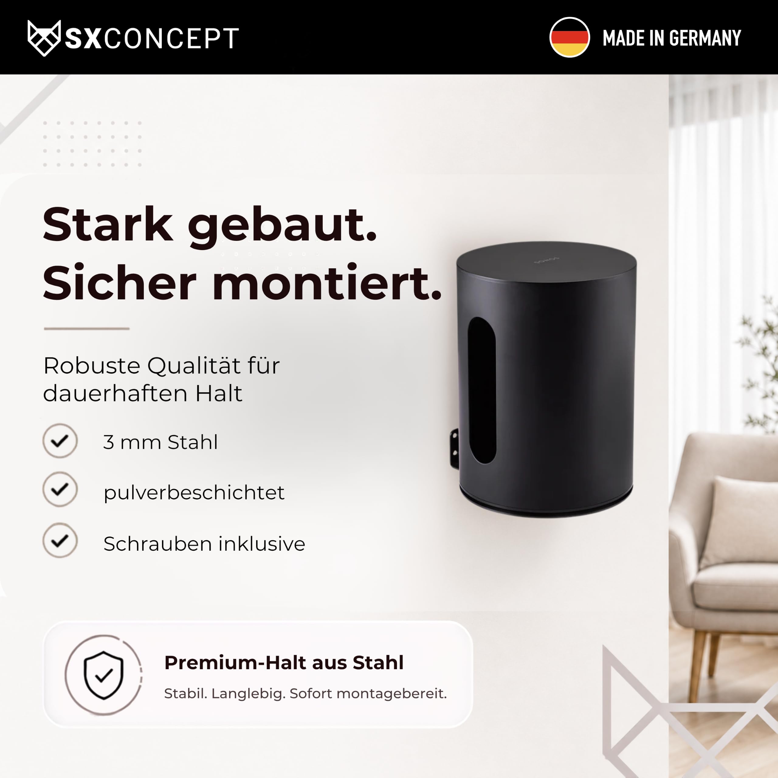 Wandhalterung für Sonos Sub Mini, schwarz – Minimalistisch & stabil | Platzsparende Wandhalterung für Sonos Sub Mini. Minimalistisches Design made in Germany. Inkl. Montageset für sicheren Halt