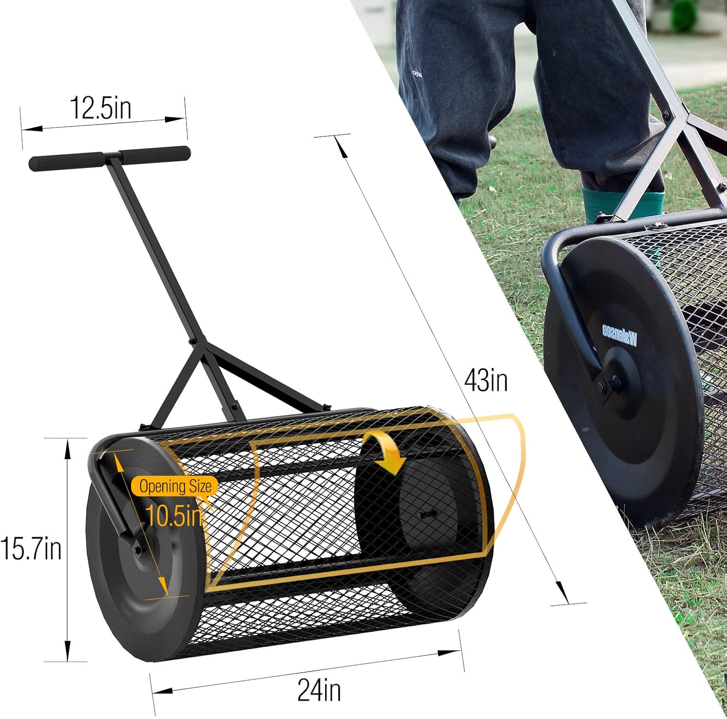 Walensee 24 Inch Compost Spreader Peat Moss Spreader with Upgrade T Shaped Handle for Planting Seeding Durable Lightweight Metal Mesh Spreader for Lawn and Garden Care Manure Spreaders Roller Patented : Patio, Lawn & Garden