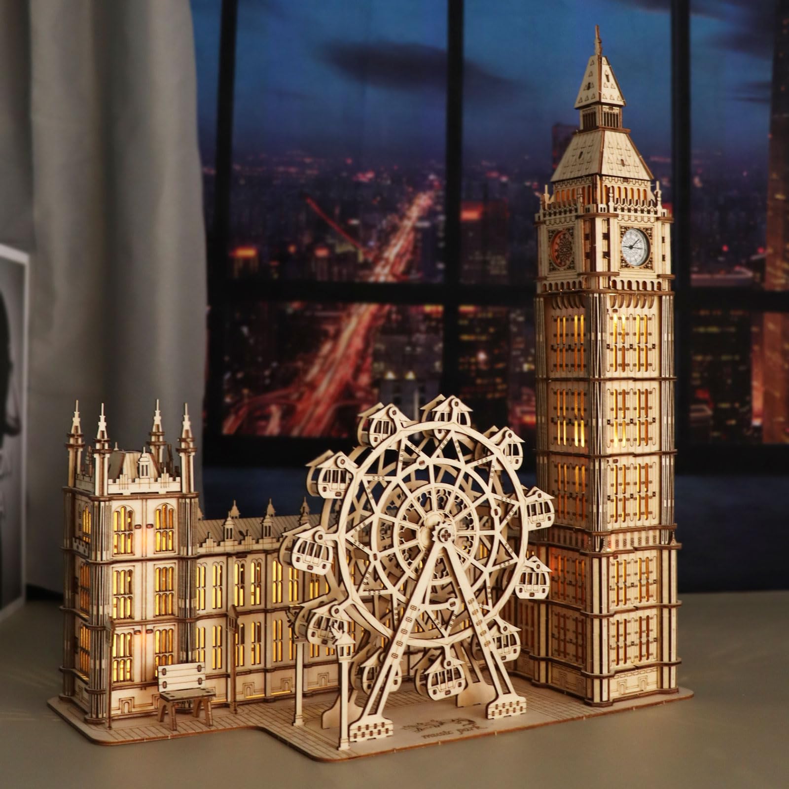 Puzzle 3D Bois Vintage Big Ben L 'Horloge avec Lumière LED Maquette en Bois A Construire Cadeaux d'anniversaire Noël