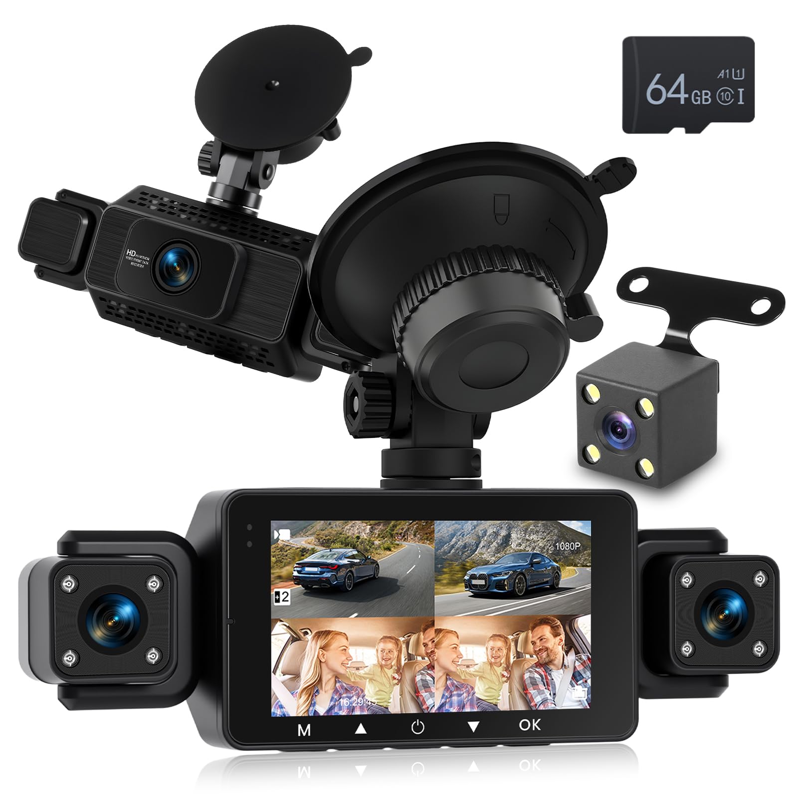 NHOPEEW Cámara de Auto 360° de 4 Canales – Cámara de Auto 1080P con G-Sensor/Control App WiFi, Visión Nocturna IR/Grabación en Bucle/Detección de Movimiento