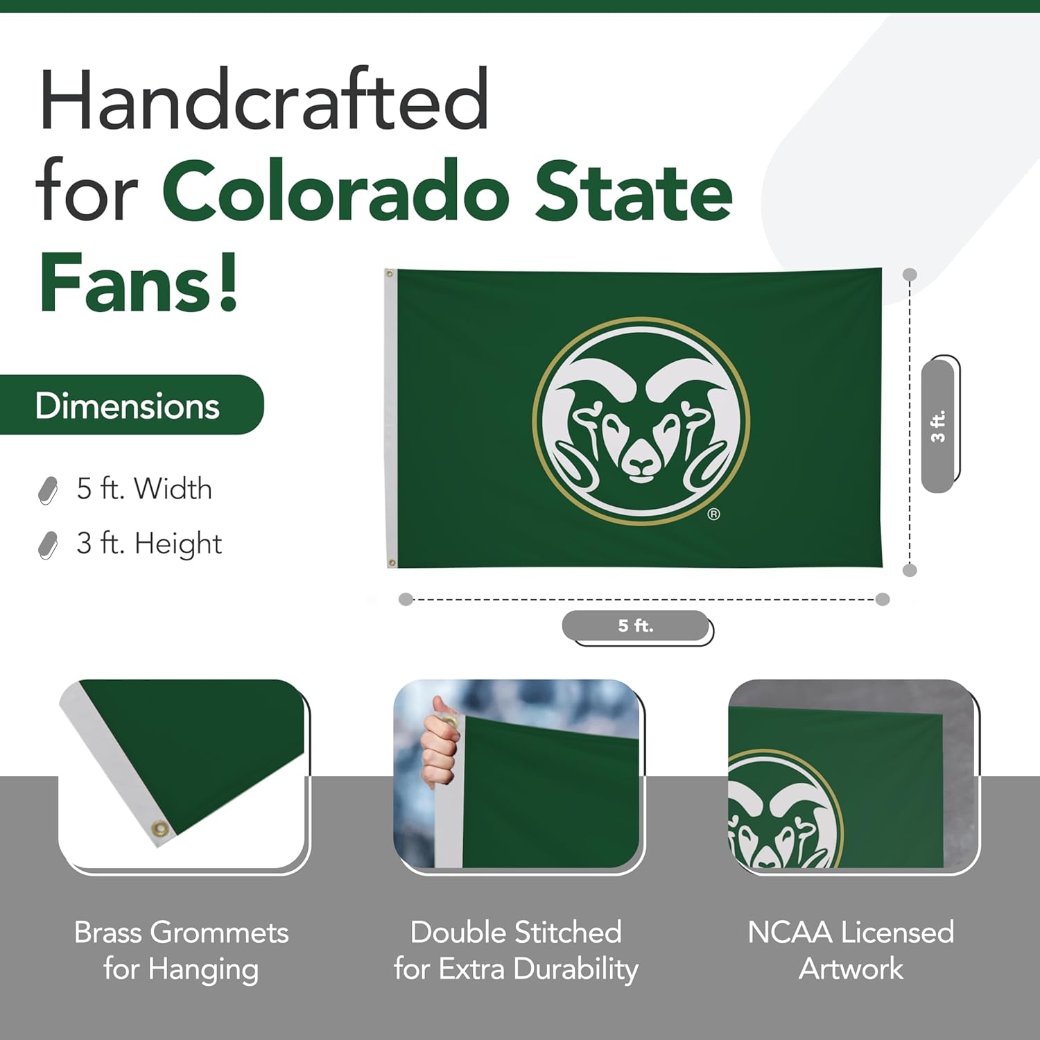 Colorado State Rams College Sports Printed Flag - NCAA Licensed - Nylon - School Banner (Green, White) (3' x 5') - Image 2