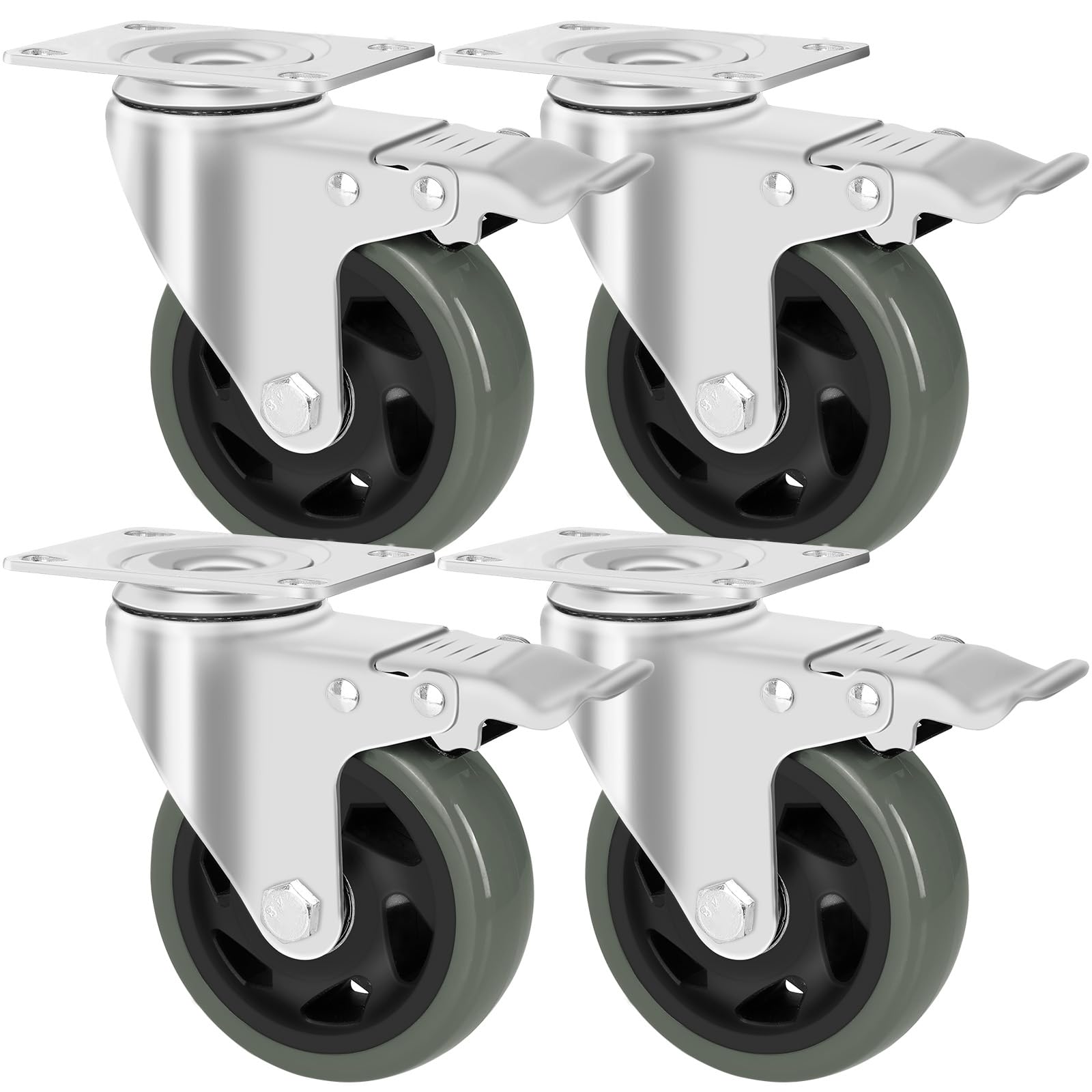 Lenkrollen 100 mm mit Bremse, 4er Set, Schwerlastrollen Tragkraft 600 kg, keine Spuren & Leise Rollen für Möbel, Transportrollen für Werkstatt, Industrietransport und Logistik (Grau)