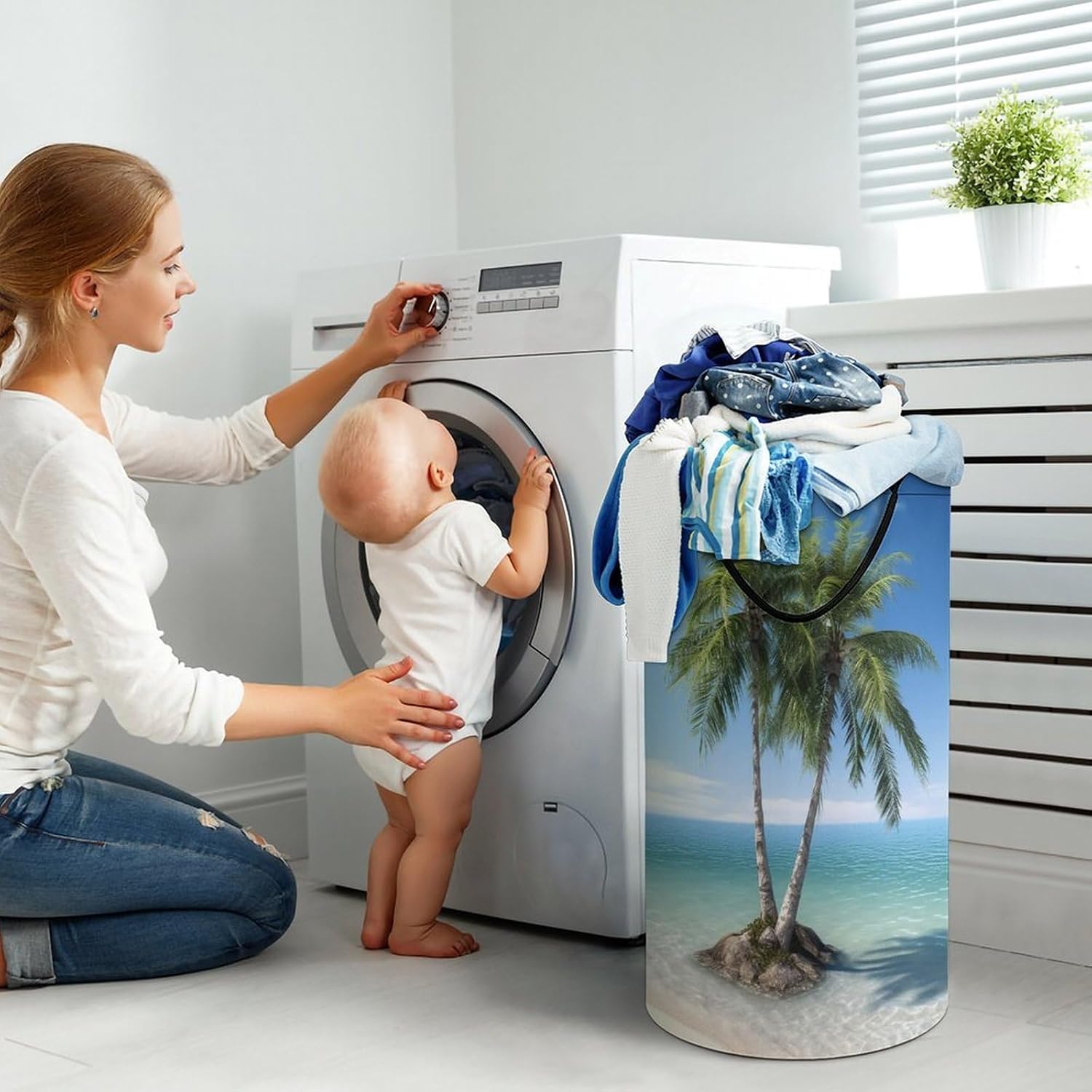 Sea Palm Trees Laundry Basket Freestanding Laundry Hamper with Handles Waterproof Dirty Clothes Hamper Collapsible Washing Bin Aesthetic Clothes Basket for Bathroom Bedroom Dorm