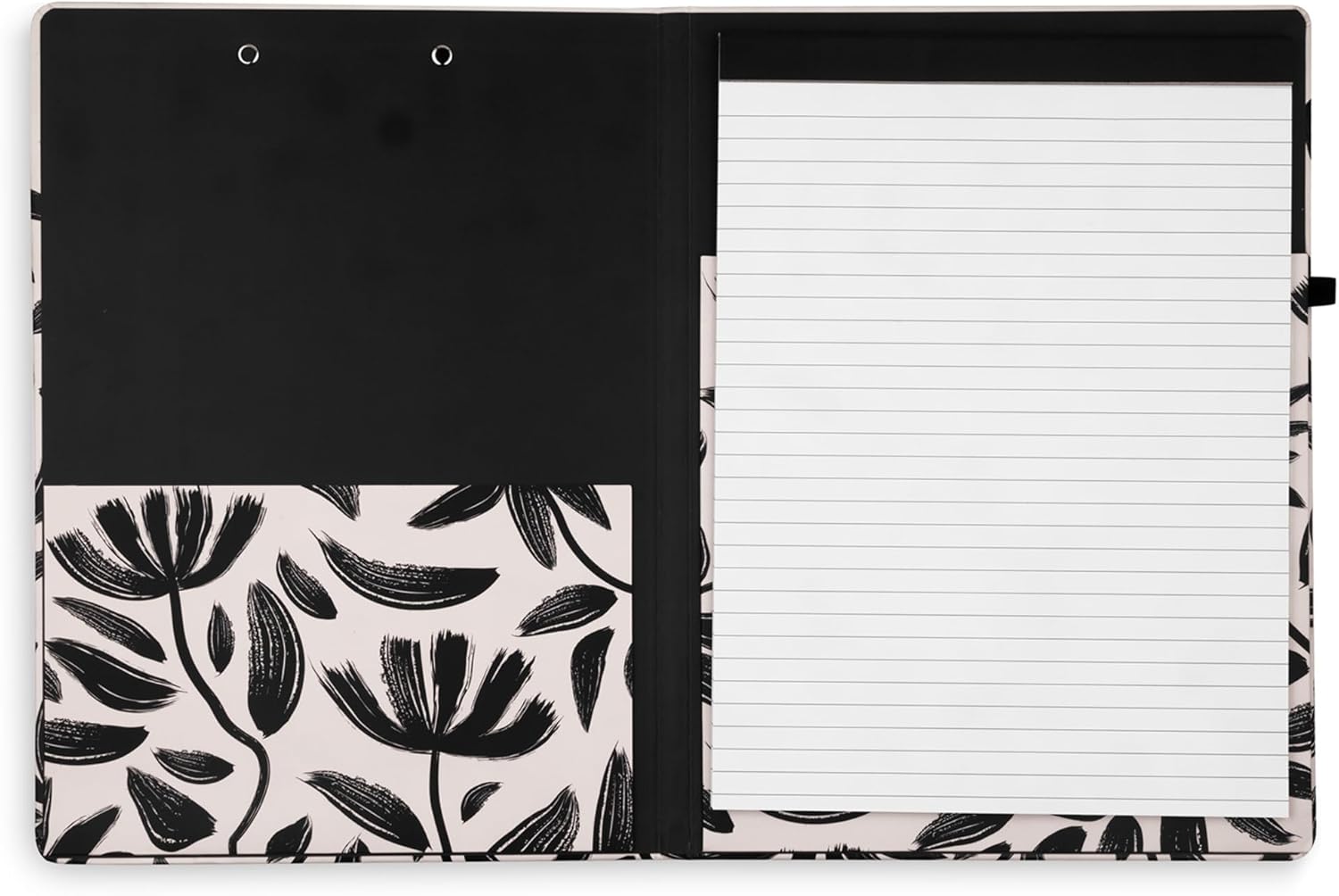 Steel Mill & Co Cute Clipboard Folio with Refillable Lined Notepad and Interior Storage Pocket, Padfolio for Work/Nursing/Teachers, Hand Drawn Black Floral
