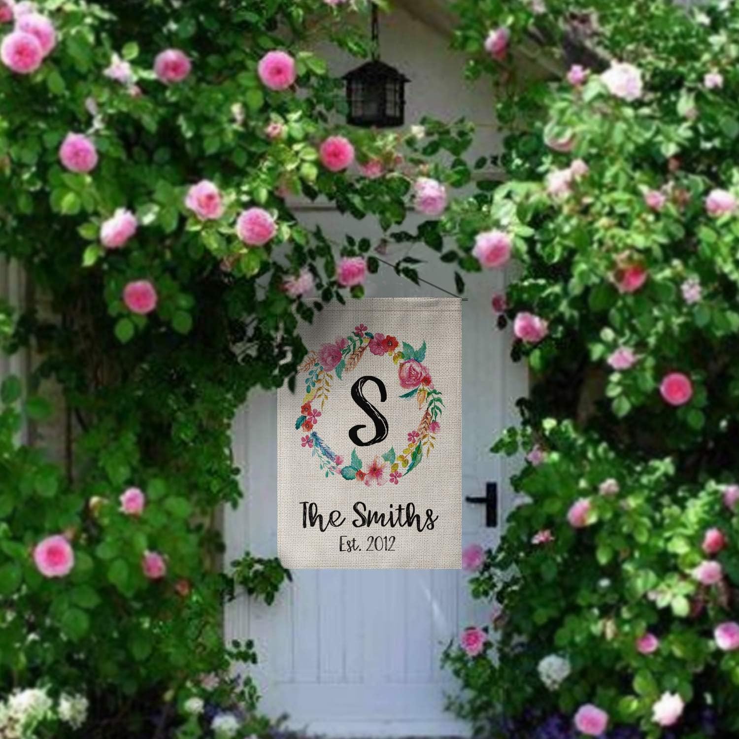 Smile Personalized Spring Easter House Flag, Customized Monogram Initial Family Name and Year Flower Wreath, Double Sided 28 x 40 Inch Rustic Farmhouse Burlap Yard Outdoor Decoration