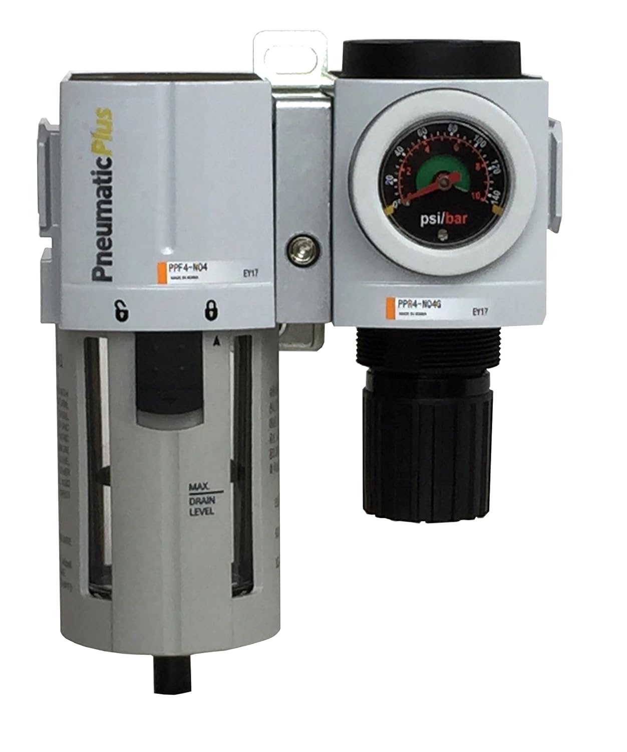PneumaticPlus PPC4B-N04G Air Filter Regulator Modular Combo 1/2" NPT - Manual Drain, Poly Bowl, Embedded Gauge