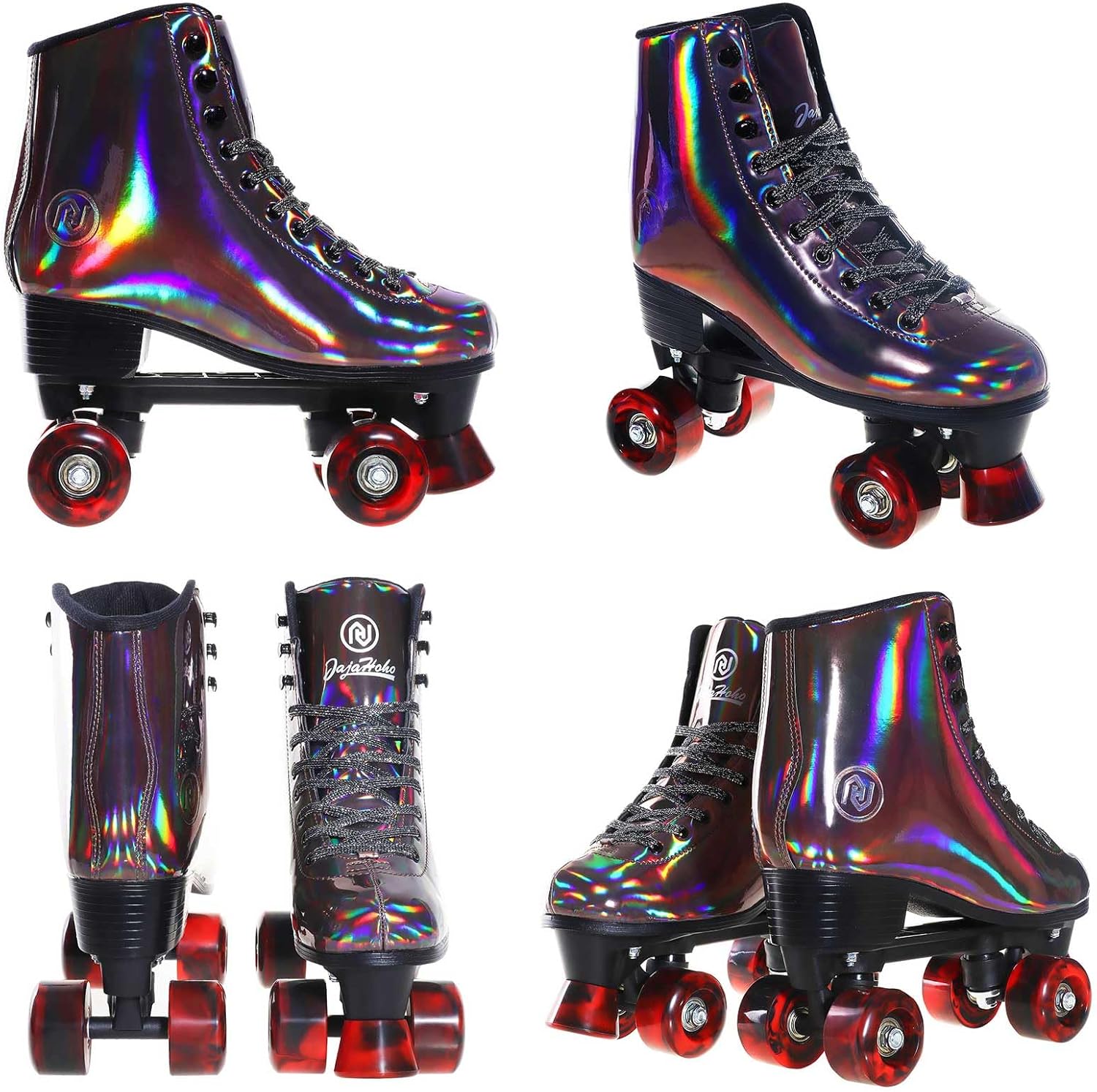 JajaHoho Roller Skates for Women, Black Holographic High Top PU Leather Rollerskates, Shiny Double-Row Four Wheels Quad Skates for Girls and Age 8-50 Indoor Outdoor (Golden Black)