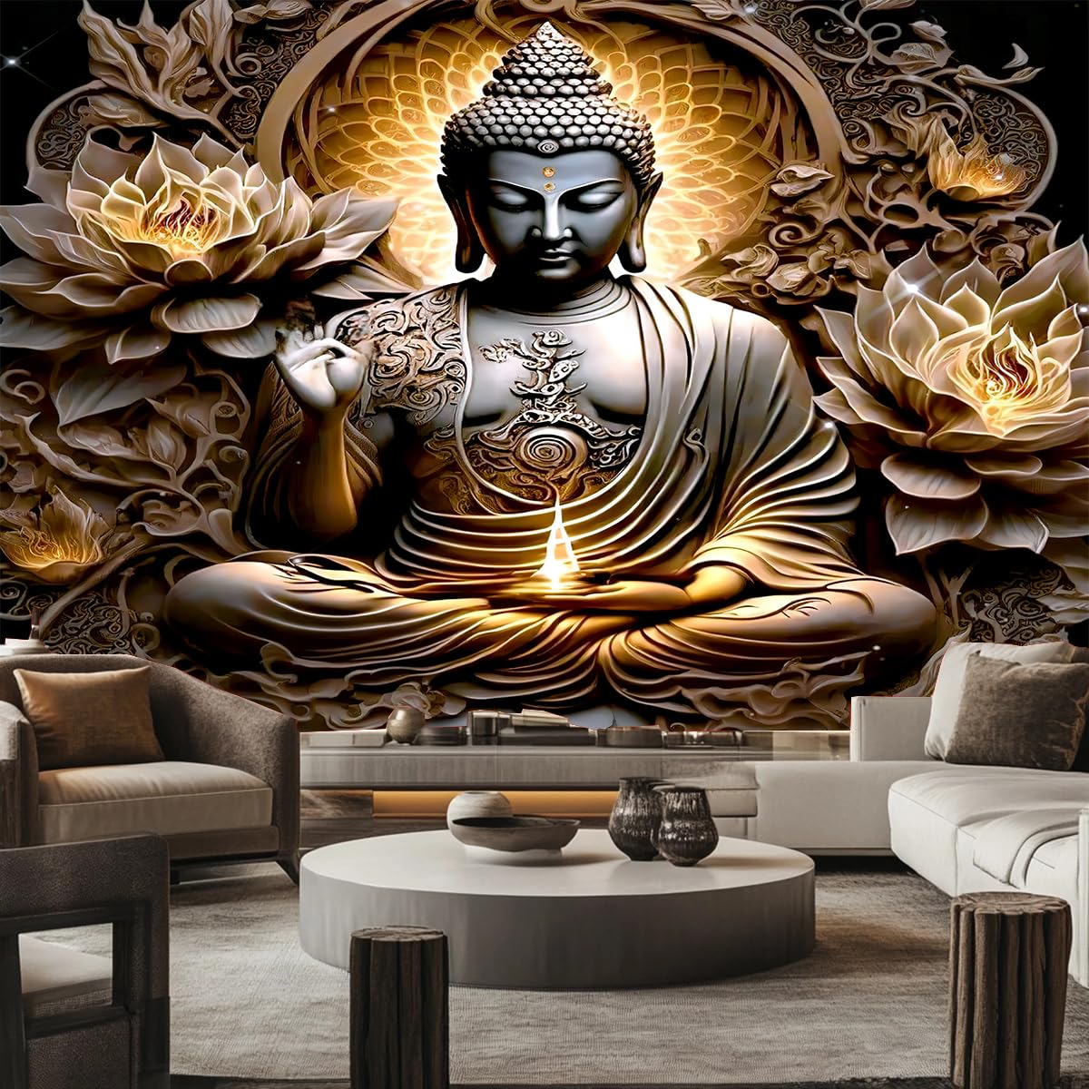 FENDROM Sitting Golden Buddha Tapestry Wall Hanging Buddhist Statue Tapestries Vintage Fire Lotus Meditation Wall Decor Zen Art Psychedelic Tapestry