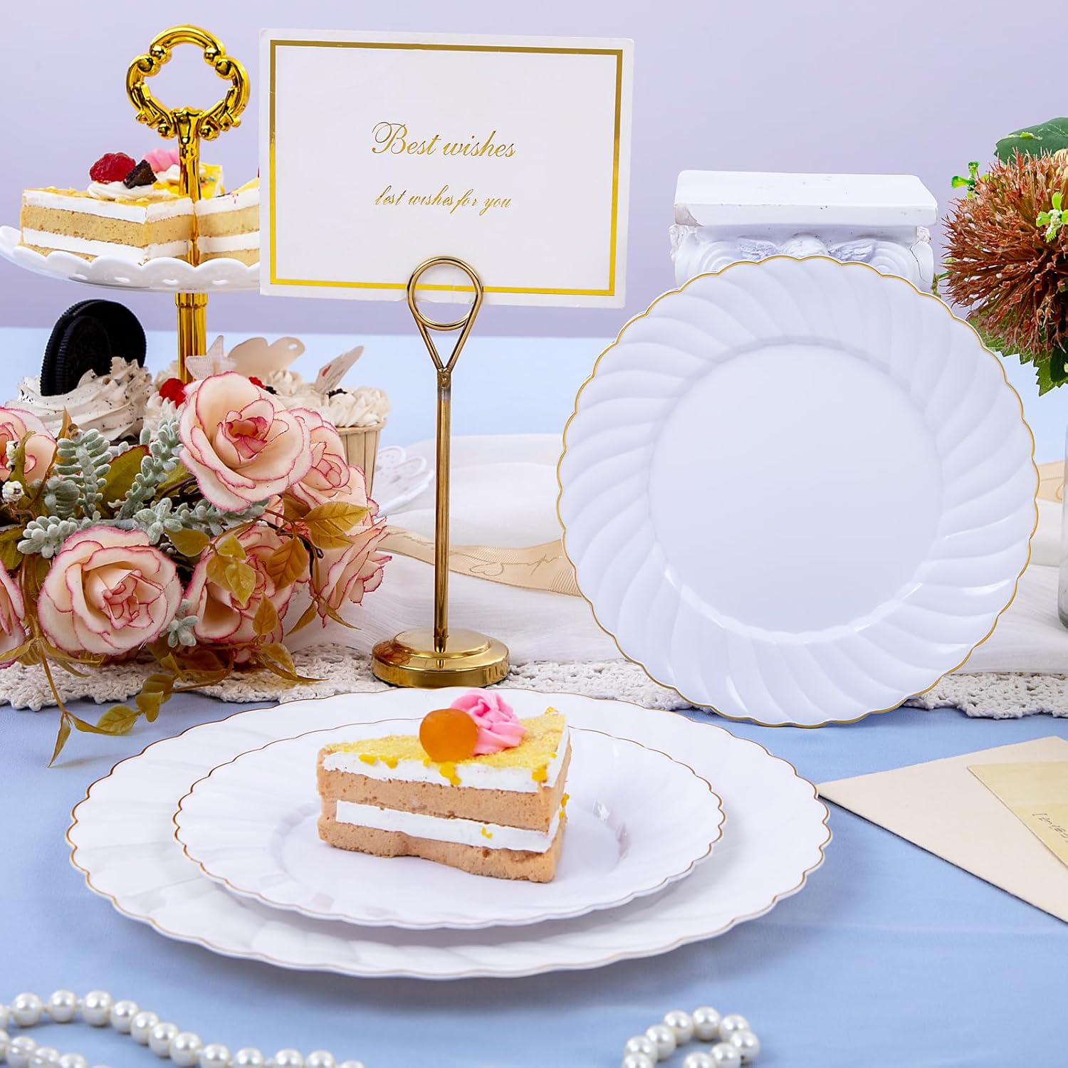 U-QE 100 Pieces Gold Plastic Plates - Premium White Plastic Plates for Party, Wedding and Daily Use Including 50PCS 9 '' Plastic Dinner Plates & 50PCS 6.5 '' Plastic Dessert Plates