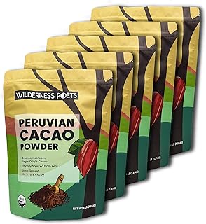 Wilderness Poets, Organic Cacao Powder. Raw, Unsweetened, 100% Peruvian Heirloom Cacao (Criollo Variety) - 4 Pound (Pack of 5) Bulk Size