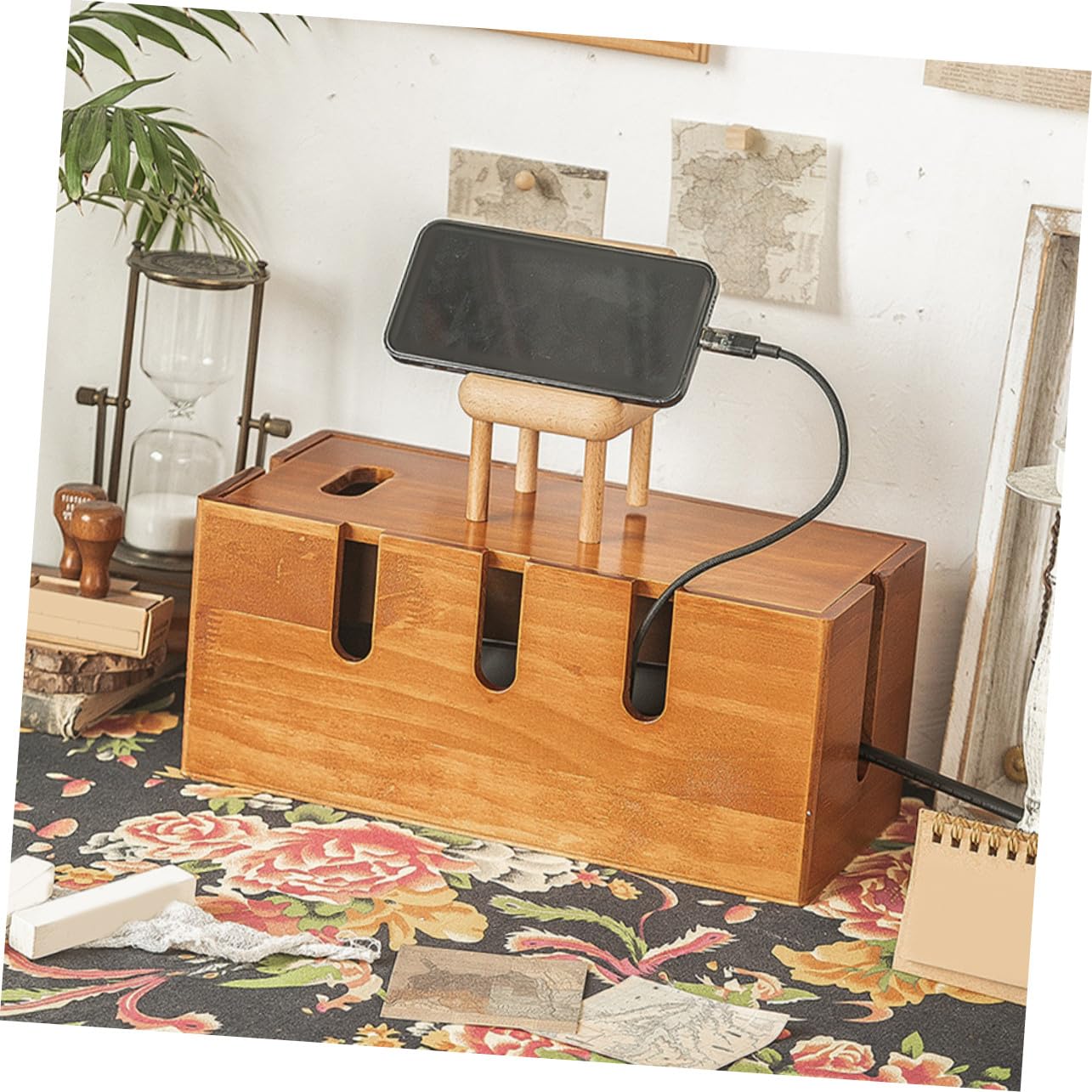 Housoutil Caja Organizadora Diseño Rústico de Madera de Gestión de Cables Tapa y Función de Organización de Escritorio para Oficina y Hogar