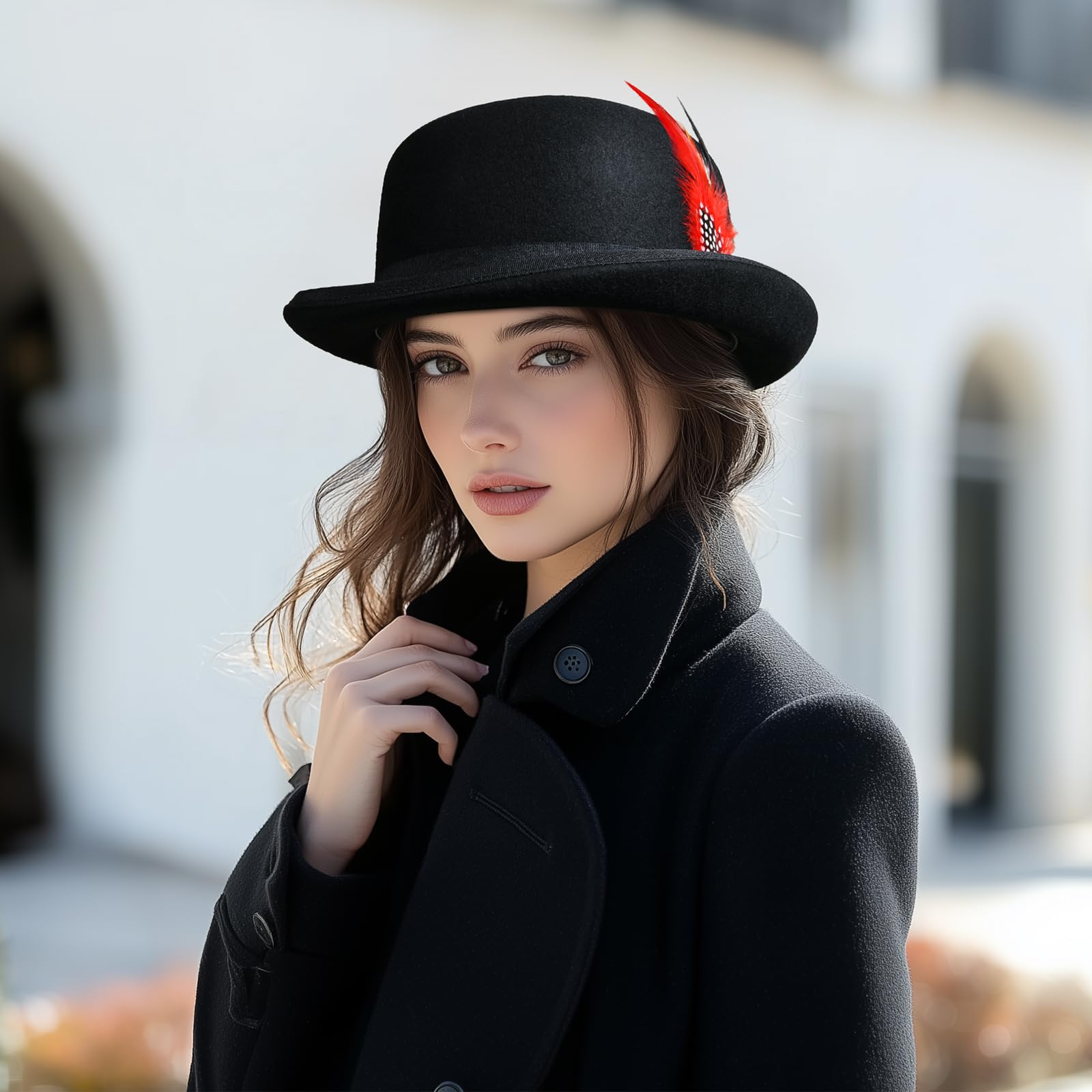 Willheoy Bowler Hut Herren Damen Melone Bowler Filzhut aus 100% Wolle Schwarz Derby Wollfilzhut Herbst Winter für Fasching Halloween Karneval Partyhut