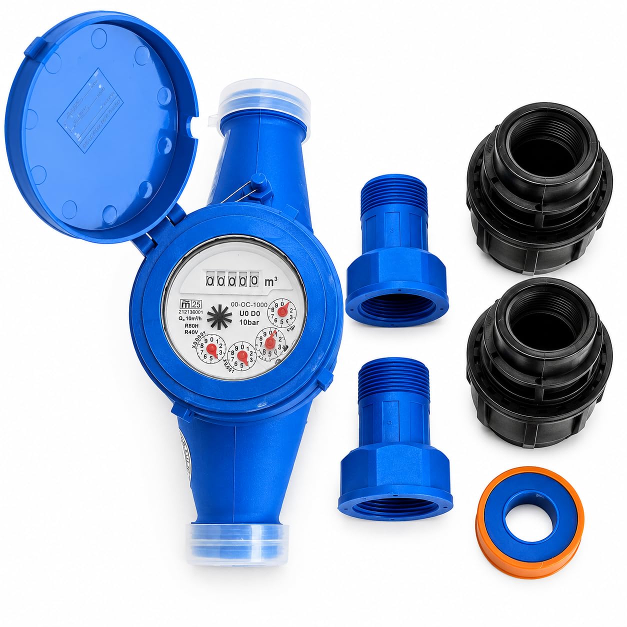 Contador de Agua para Riego Homologado Emeñe 1 1/4” con Enlaces PE 40 mm | Kit completo con 2 enlaces, juntas y teflón. Cuerpo plástico anticorrosión y acceso por QR a la documentación del fabricante.