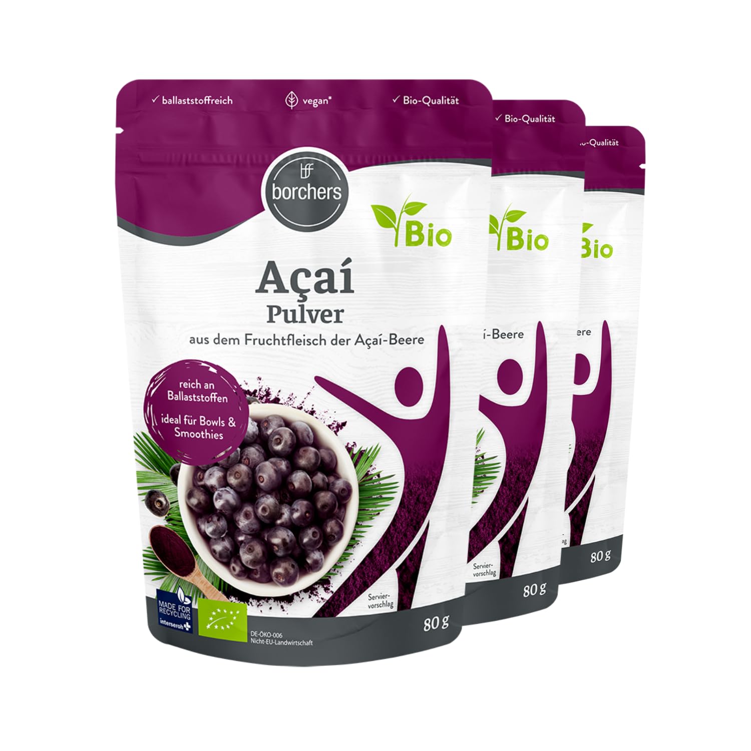 BORCHERS Bio Açaí-Pulver, 3x 80g, aus dem Fruchtfleisch der Açaí-Beere, gefriergetrocknet, Bio-Qualität, ballaststoffreich, vegan, für Drinks, Smoothies und Müsli