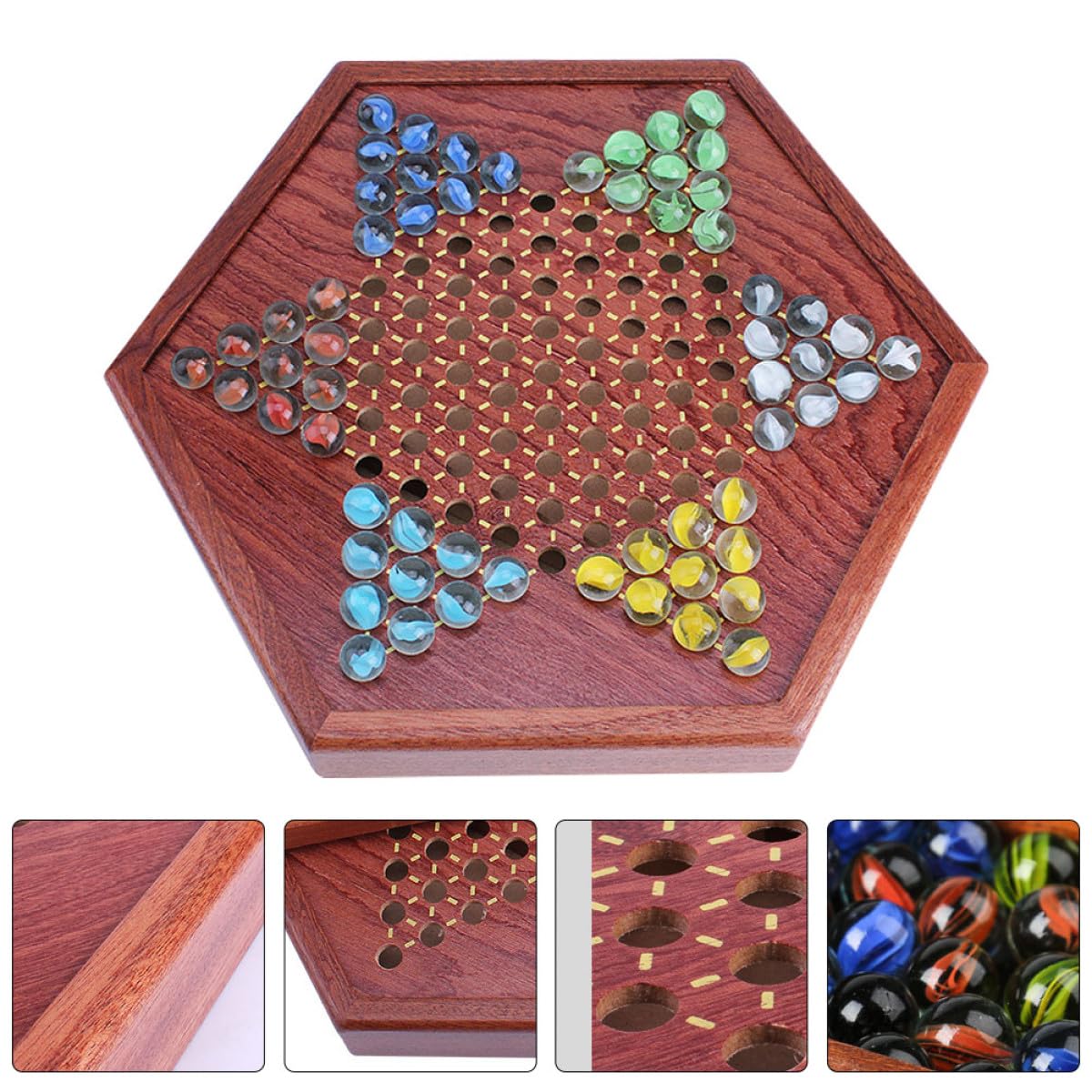 Jeu de Dames Chinoises avec Plateau Hexagonal et Tiroirs de Rangement Jeu de Stratégie Familial en Bois Marron et Filles pour Garçon pour Garçon et Filles et Adultes et Adultes