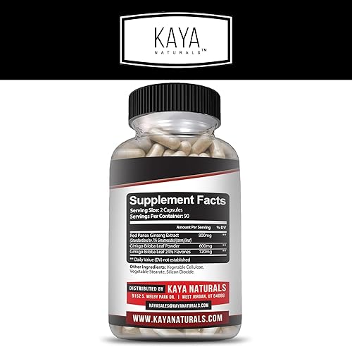 Miniatura 2 de Kaya Naturals Red Panax Ginseng + Ginkgo Biloba - Suplemento cerebral nootrópico - Apoyo cognitivo y de concentración - Suplemento de refuerzo
