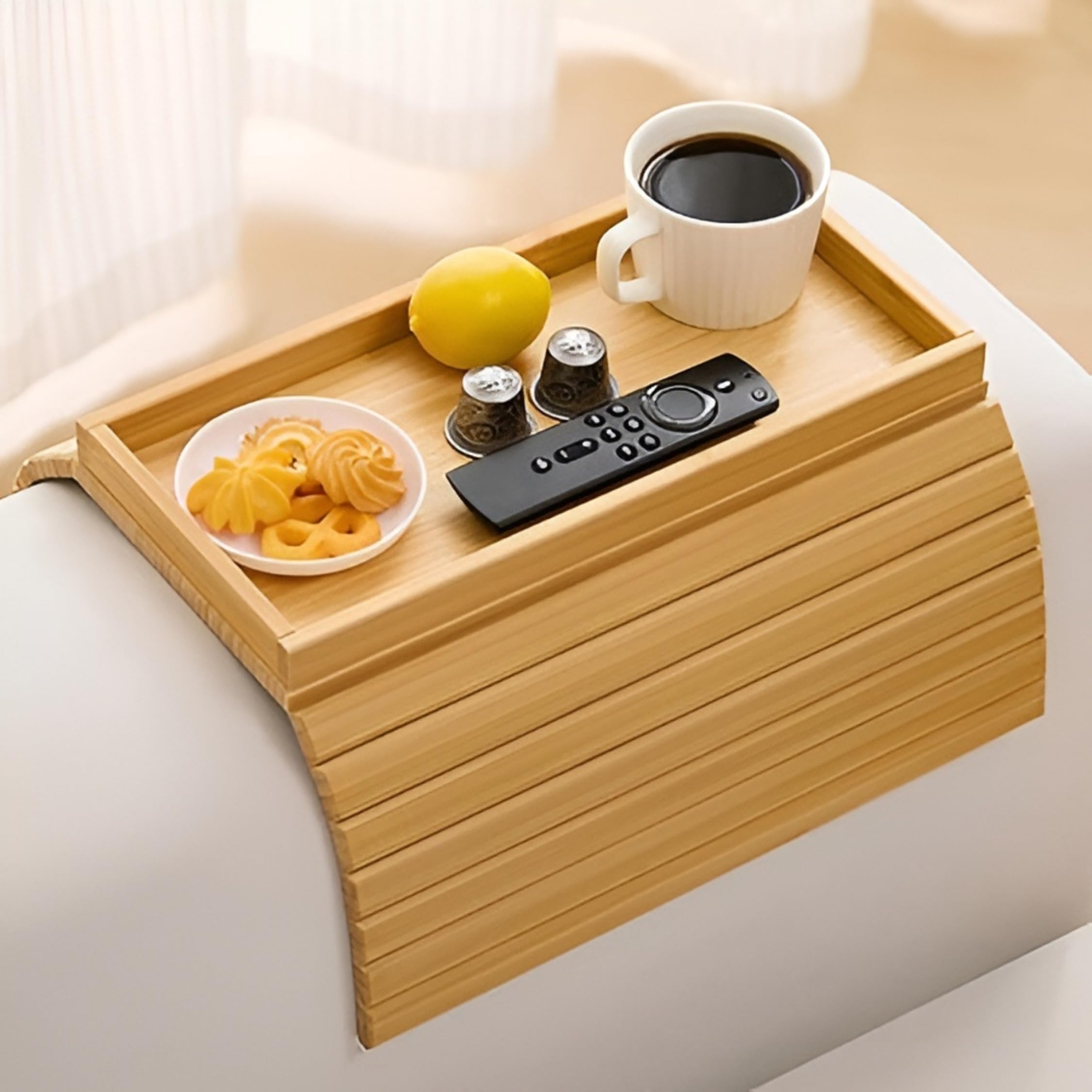 MISHAVI Sofa Armrest Tray - Flexible Wooden Sofa Arm Tray & Integrated Cup Holder - Large Couch Side Arm Wooden Cover for Snacks & Drinks - Fits Round & Square Armrests - Premium Sofa Accessories-image-1