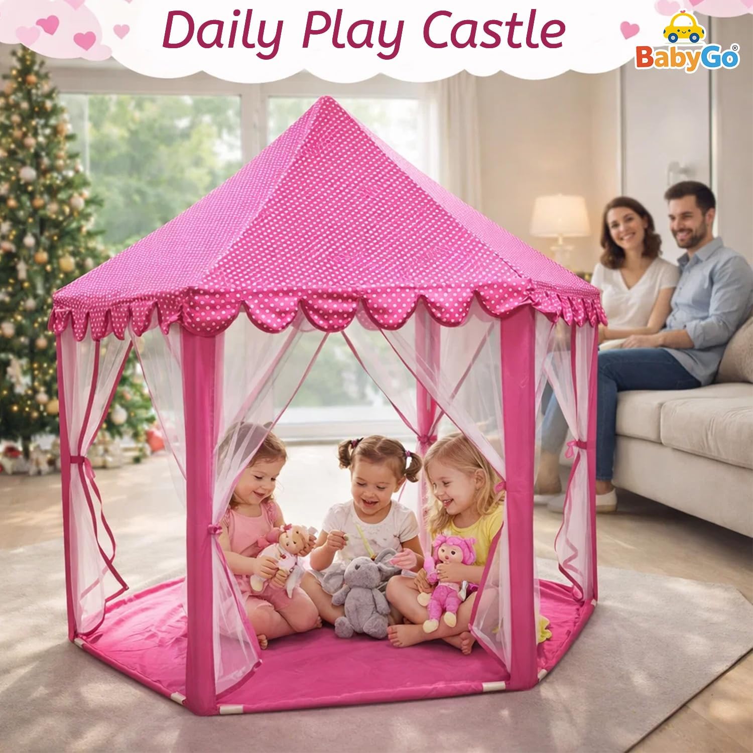 BabyGo Kids Prince Princess Castle Theme Play Tent with Mosquito Net Design for Kids (Pink) (140cm x 135cm x 70cm) 4