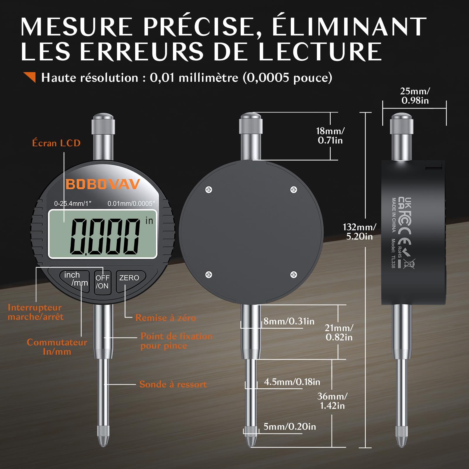 Indicateur Numérique À Cadran 0.01/.0005'' Avet Écran LCD Résolution De 0,01 Mm Sonde De Mesure À Comparateur Commutateur Mm/pouces Pour Mécaniques Et De Laboratoire
