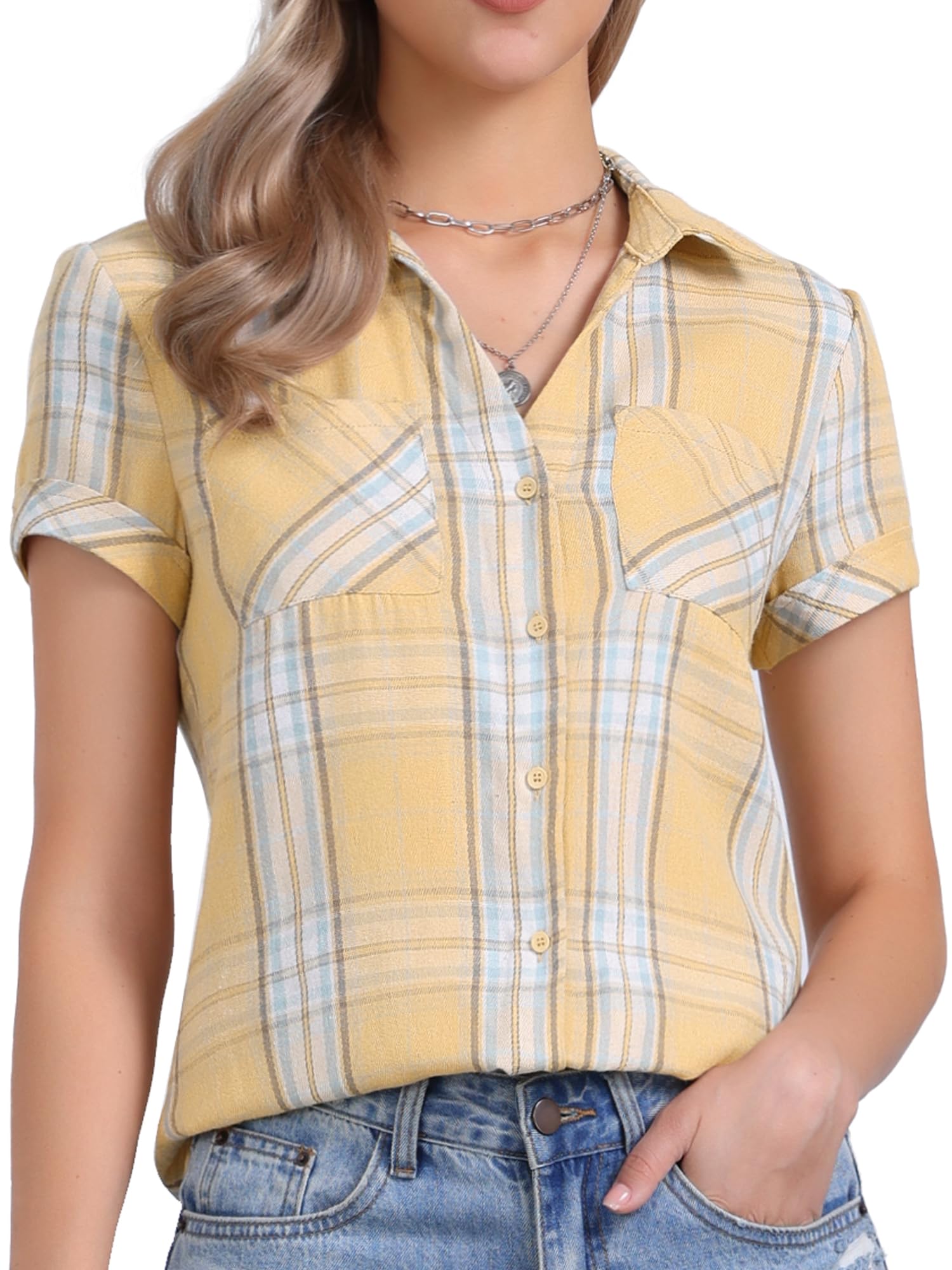 Allegra K Women's Plaid Shirt Cotton Short Sleeve Button Down Western Shirt | Plaid Shirts, Flannel Shirt, Short Sleeve, Button Down, Cotton Fabric,