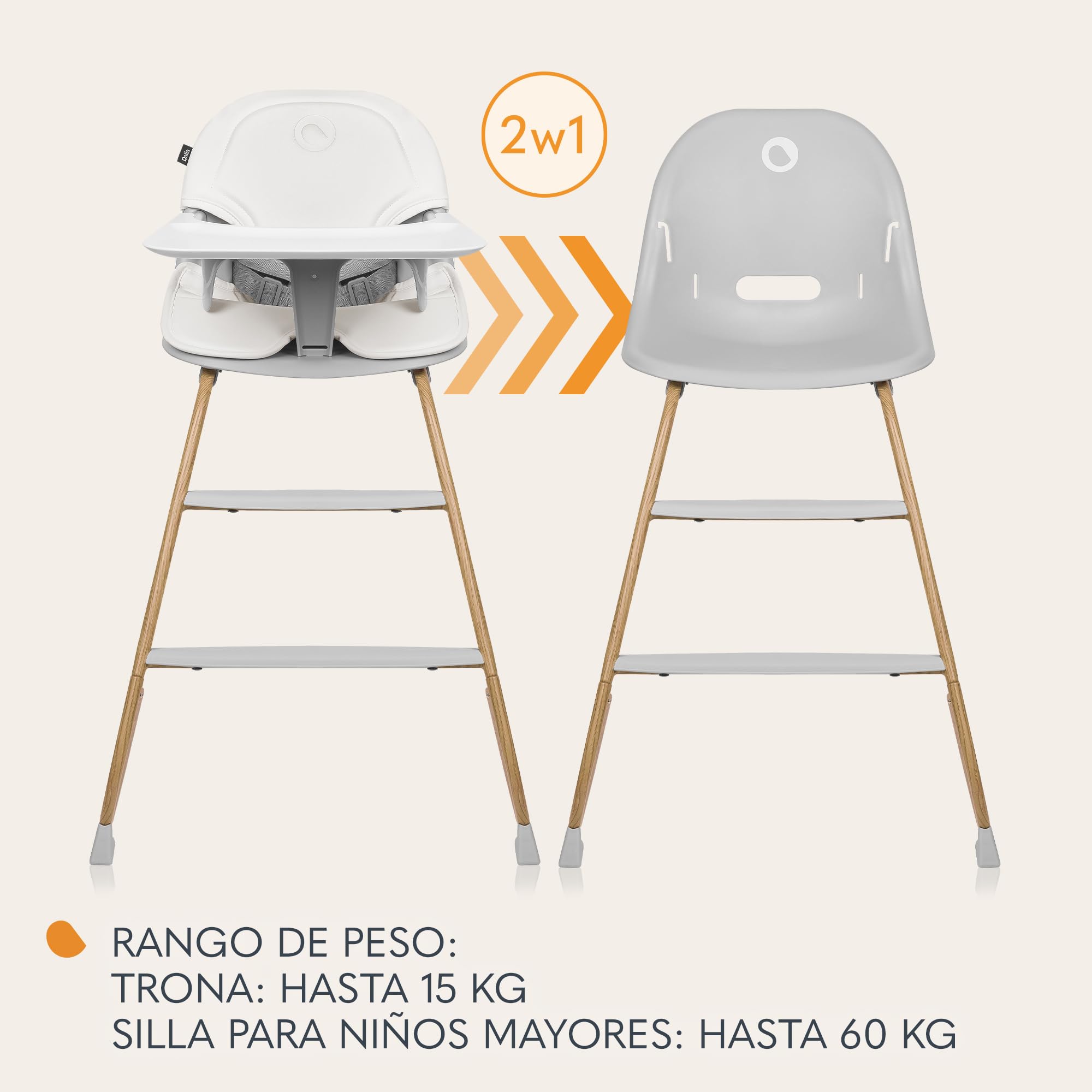 LIONELO DALIA 2 en 1 Trona para bebe de 6 a 36 meses 15 kg, Silla baja para niños mayores de hasta 60 kg, Arnés de 5 puntos, 2 Reposapiés, Bandeja, Crece con el niño (Natural) | De 6 a 36 meses 15 kg, Silla Baja para Niños Mayores de hasta 60 kg, Bandeja,
