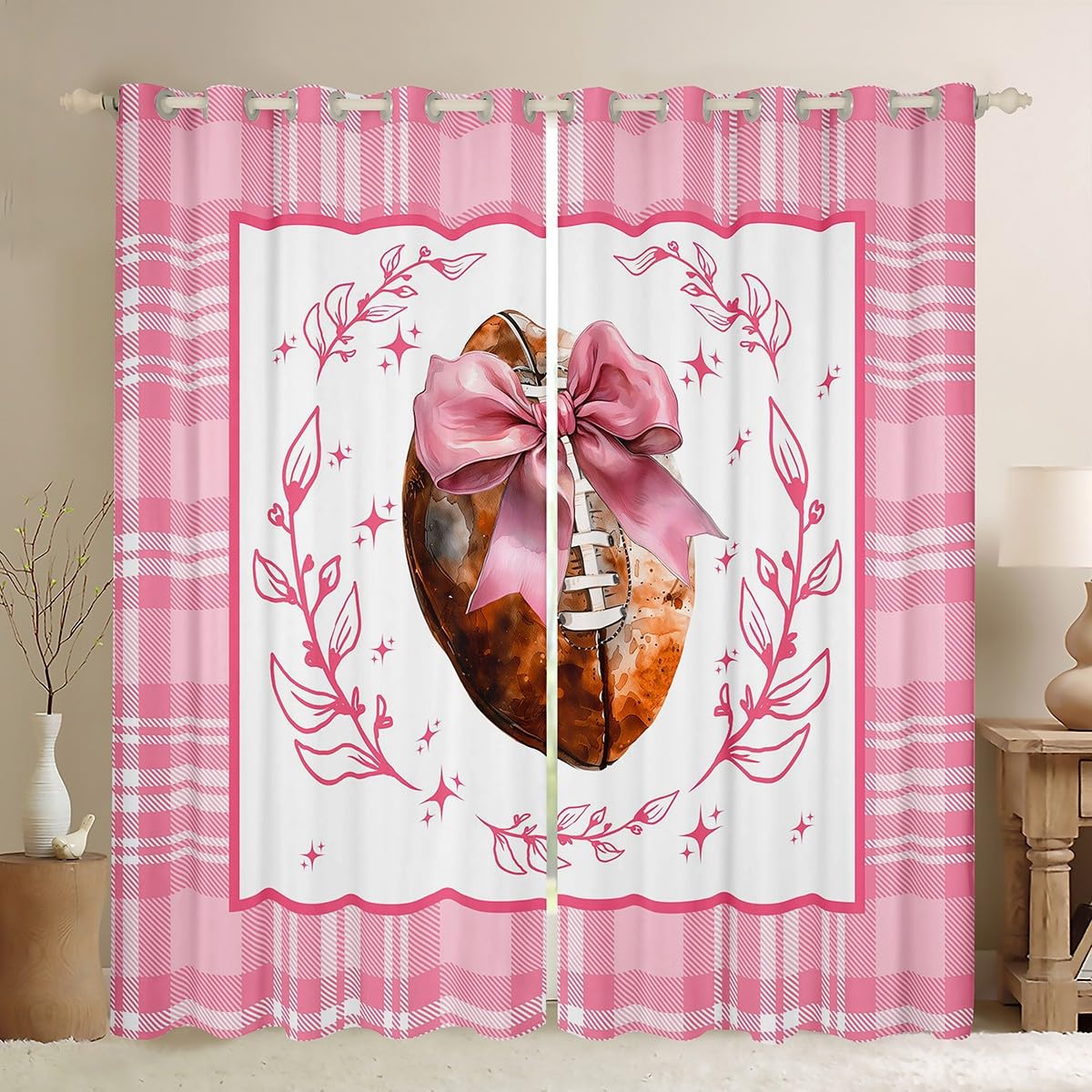 Manfei Cute Bow Football Blackout Curtain Cartoon Bowknot Window Drapes, Pink Plaid Print Window Treatments, Kids Girls Room Decor, Grommet Top 2 Panel Set Bedroom Curtains, 66Wx90L inch